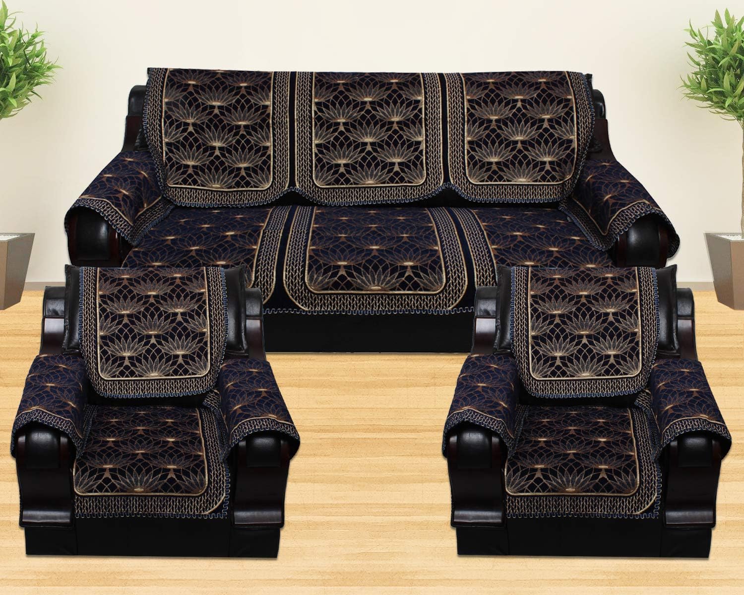 KINGLYLotus Flower Velvet Sofa and Chair Covers Set of 5 Seater with 6 Pieces Arms Covers 12 Piece Set (3+1+1) ( Dark Blue)