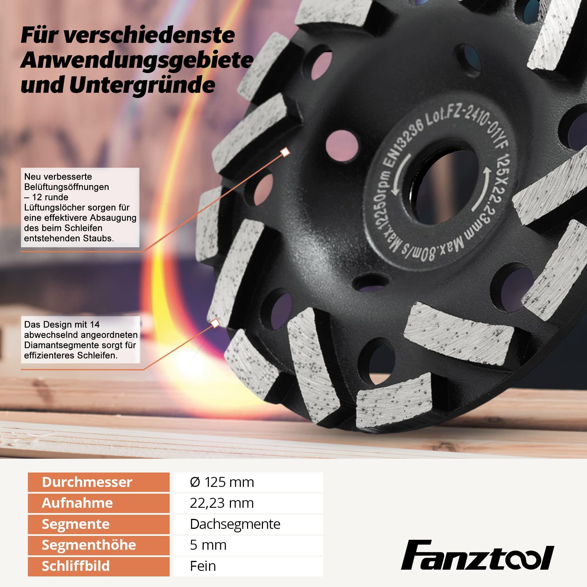 FANZTOOL Premium Diamentowa Tarcza Garnkowa ścierna 125 mm x 22,2 mm do ściernych Materiałów Budowlanych, Jastrychu, Tynku, Asfaltu