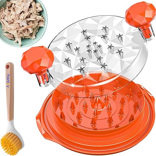 Chicken Shredder Tool Twist – 10″ Manual Meat Grinder Kitchen Gadget with Brush, Visible Lid, Anti-Slip Base, BPA-Free & Dishwasher Safe Chicken Breast Shredder (Orange)
