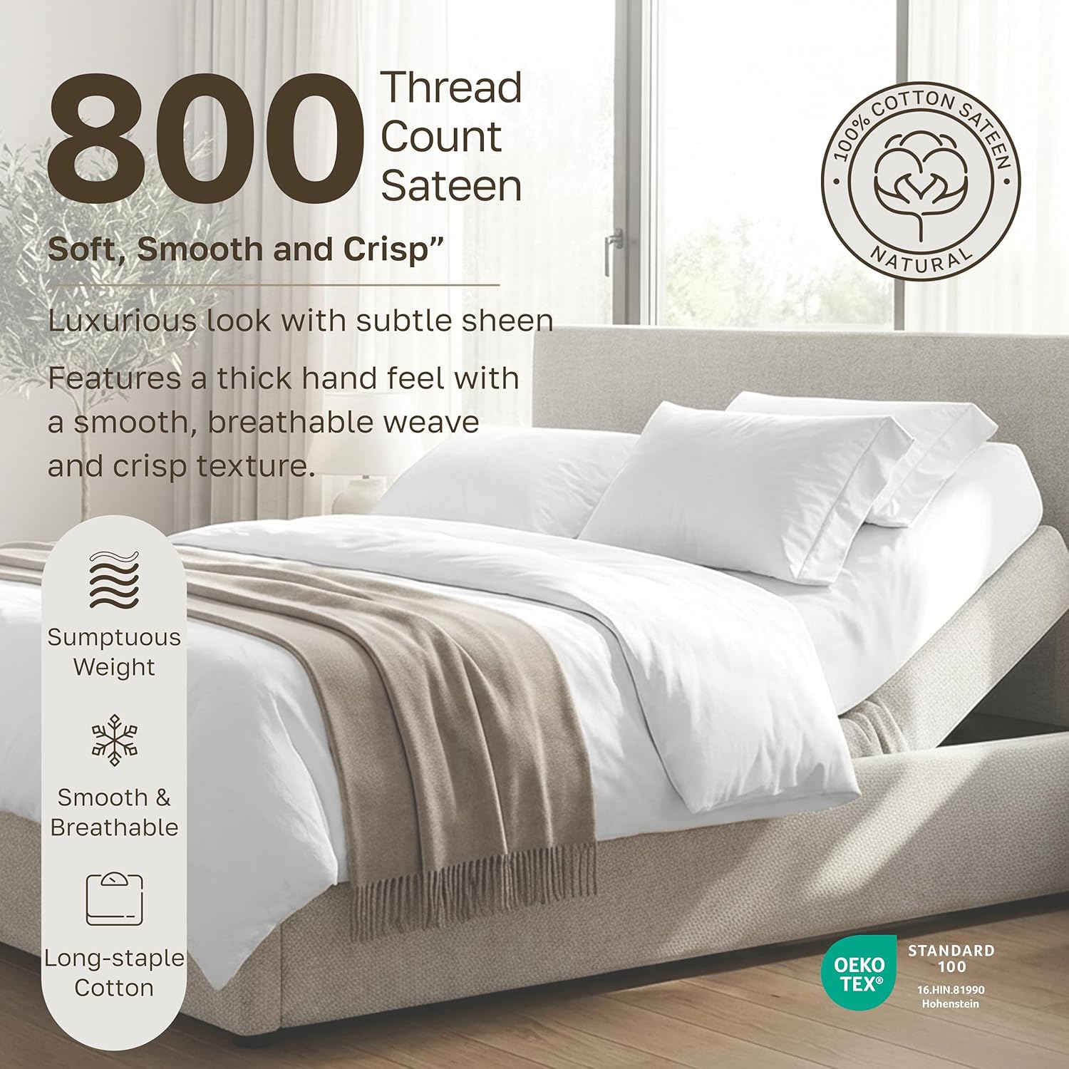 California Design Den Split King Sheets Sets for Adjustable Bed - Buttery Soft 800 Thread Count, 100% Cotton Sateen, Durable Bedding Set - White - Image 2