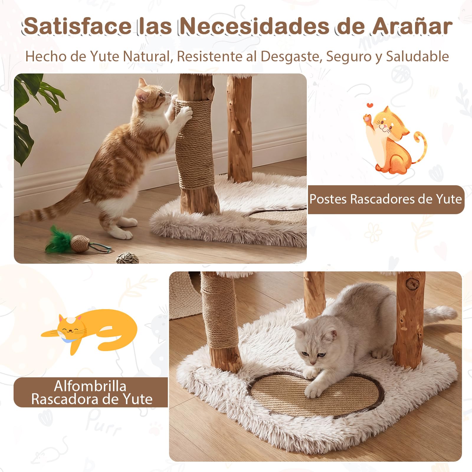 COSTWAY 101 cm Árbol Rascador para Gatos de Madera Maciza, 4 Plataformas Acolchadas de Felpa, Postes Rascadores y Alfombrilla, Torre Rascador para Gatos en Forma de Ramas de Bohemio para Interior