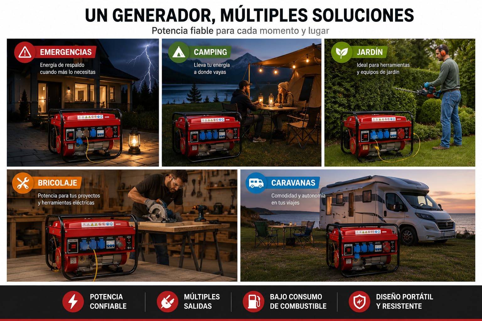 SVE Generador Eléctrico Gasolina 15L 5500W 230/380V 4 ENCHUFES (2500W Trifásico 3000W Monofásico) Motor 4 Tiempos