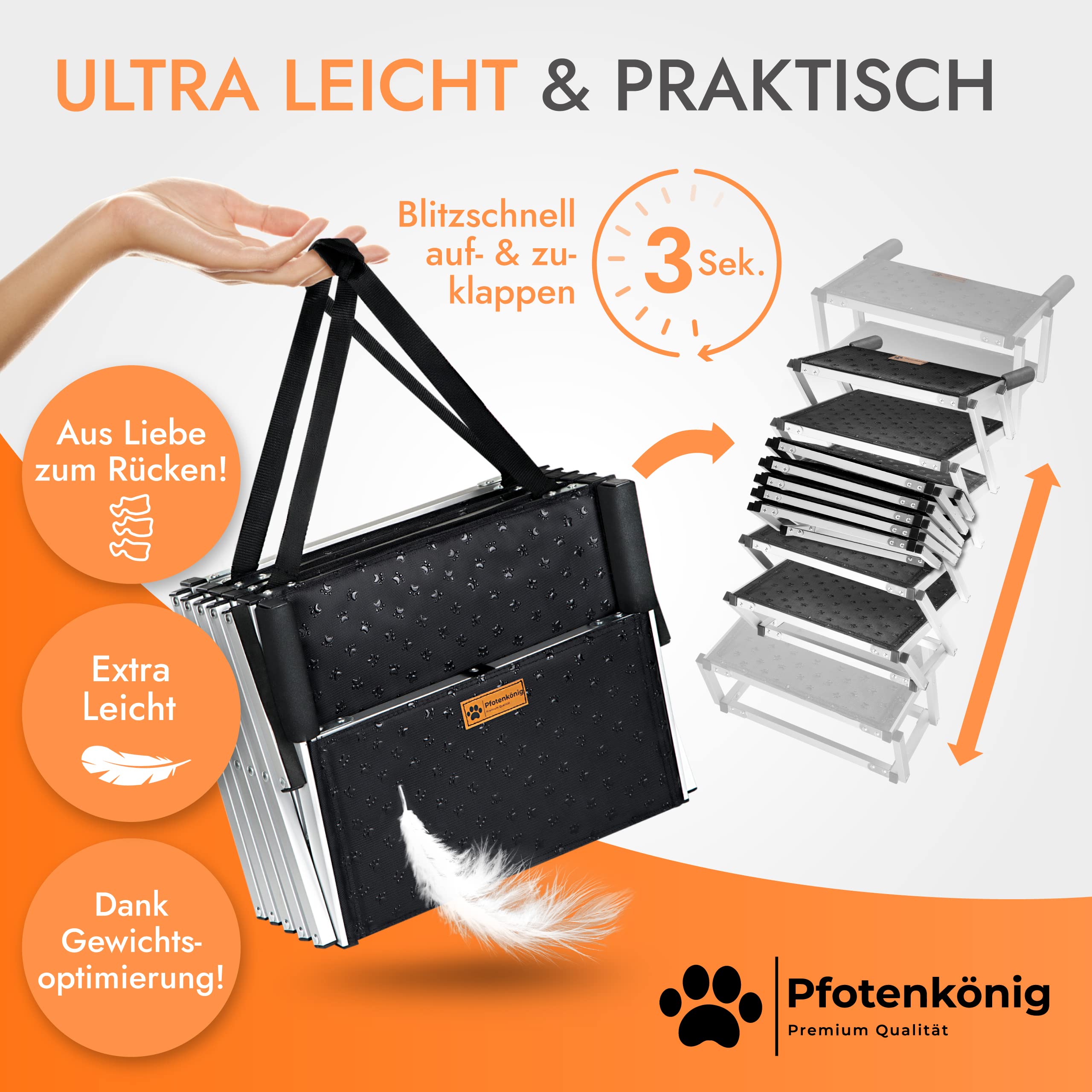 Hundetreppe Auto [bis 70kg] - ultraleichte Premium Hunderampe Auto klappbar - Einstiegshilfe Hund Auto sehr stabil und kompakt - Hundetreppe faltbar 55-85cm - Für alle Autos