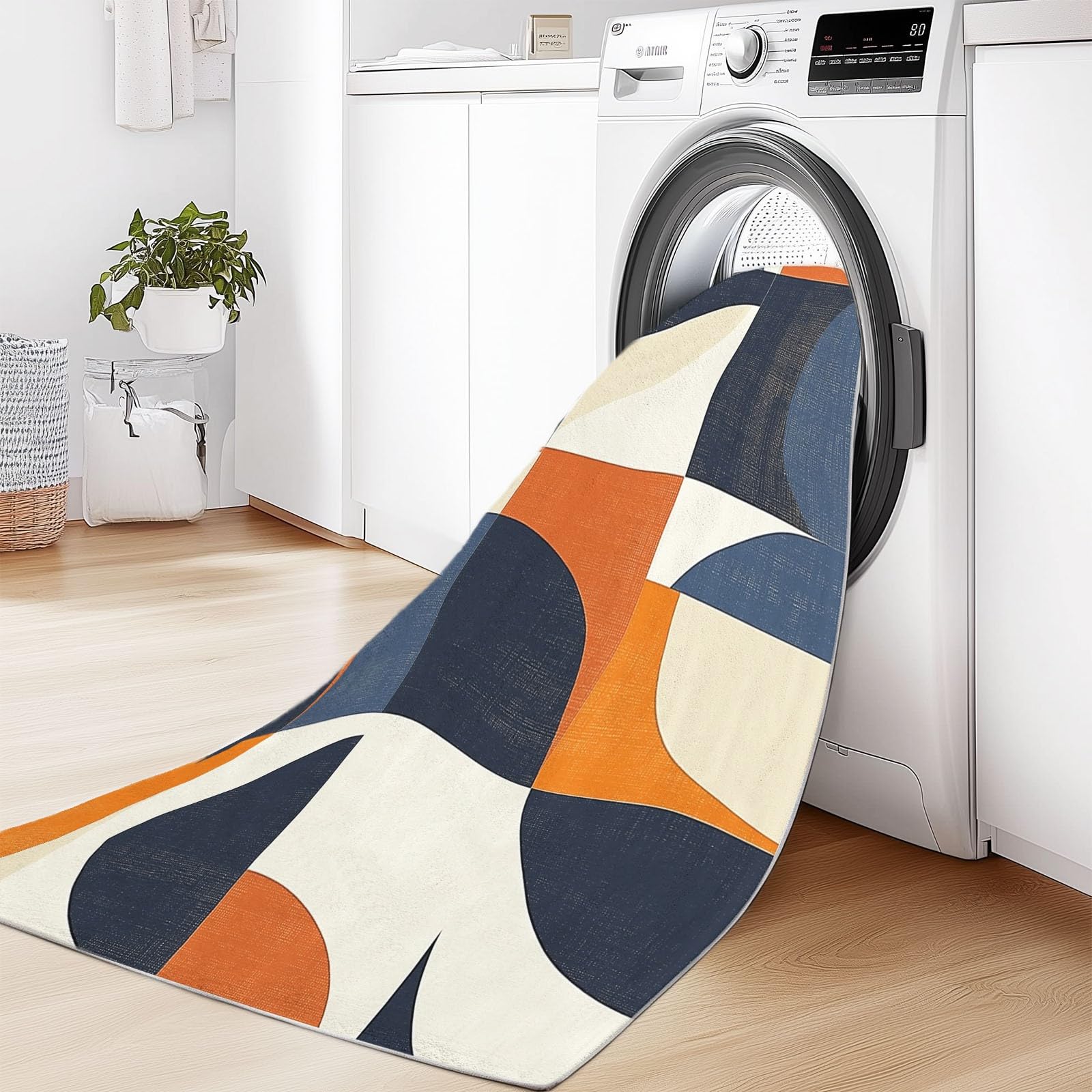 Tapis Salon Chambre Adulte Poil, Tapis à Poils Courts et denses Motif Géométrie Vintage Cercles, Tapis Lavable en Machine Antidérapant Bleu Orange, 60 x 110 cm
