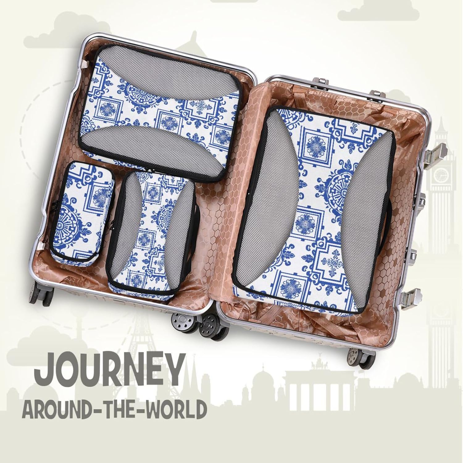 4 Pcs set travel organizer bags Mesh Travel Essentials Chinese Geometric Patterns lightweight packing cubes set