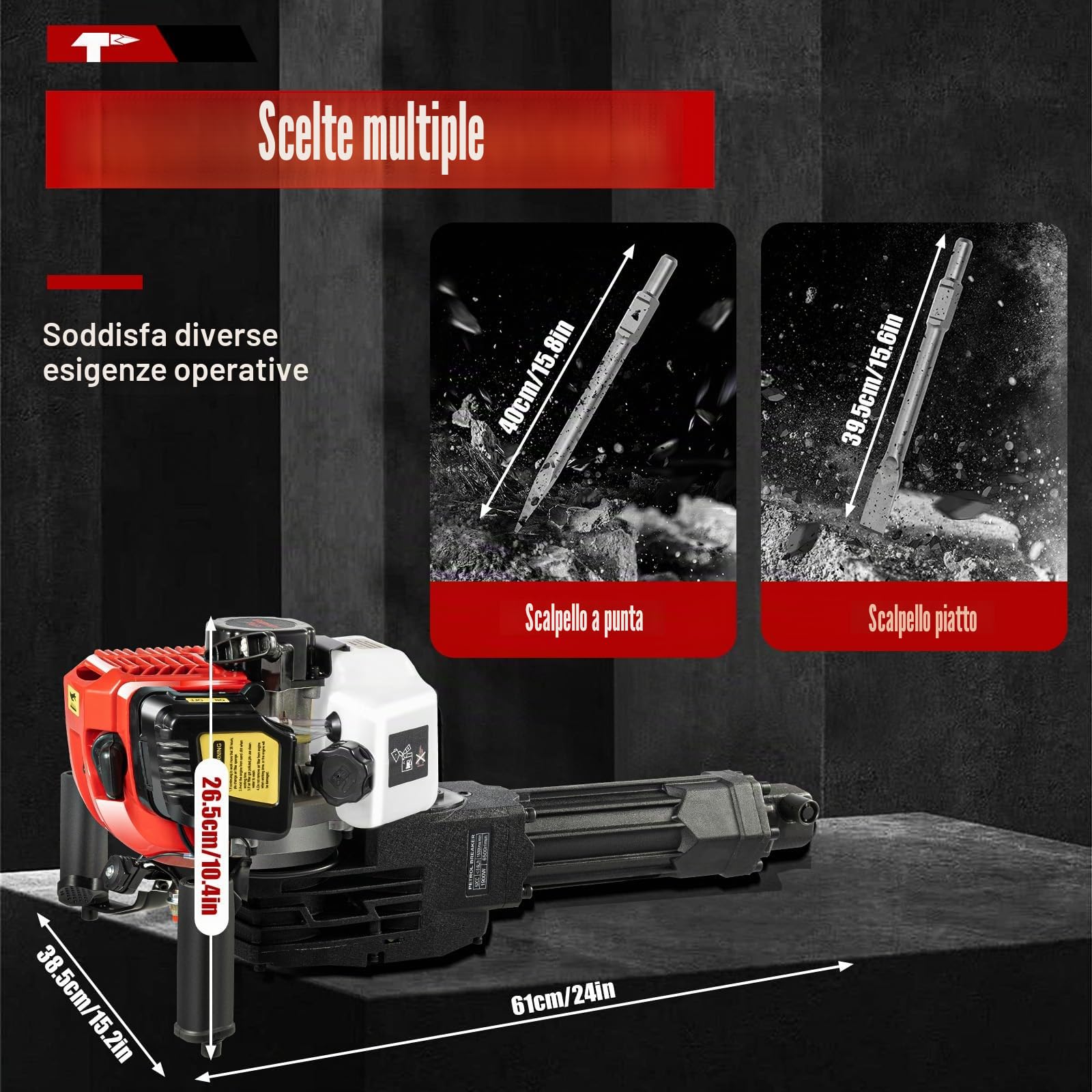 MINRS Martello di demolizione a benzina, 52 cc, 2 tempi, 1900 W, benzina, tritacalce, tritacalce, martello pneumatico multifunzionale con scalpello a punta e scalpello piatto