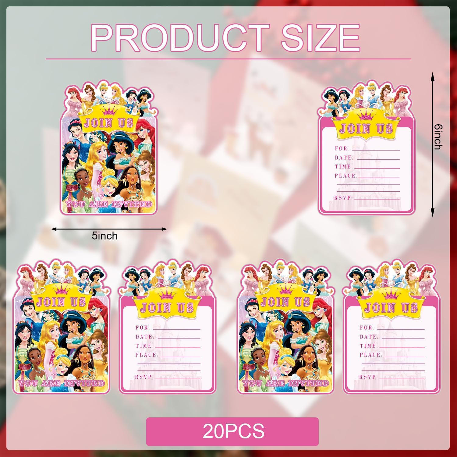 Disneey Princess Birthday Invitation Cards 20Packs Invitation Cards for Kids Birthday Party Supplies (red4)