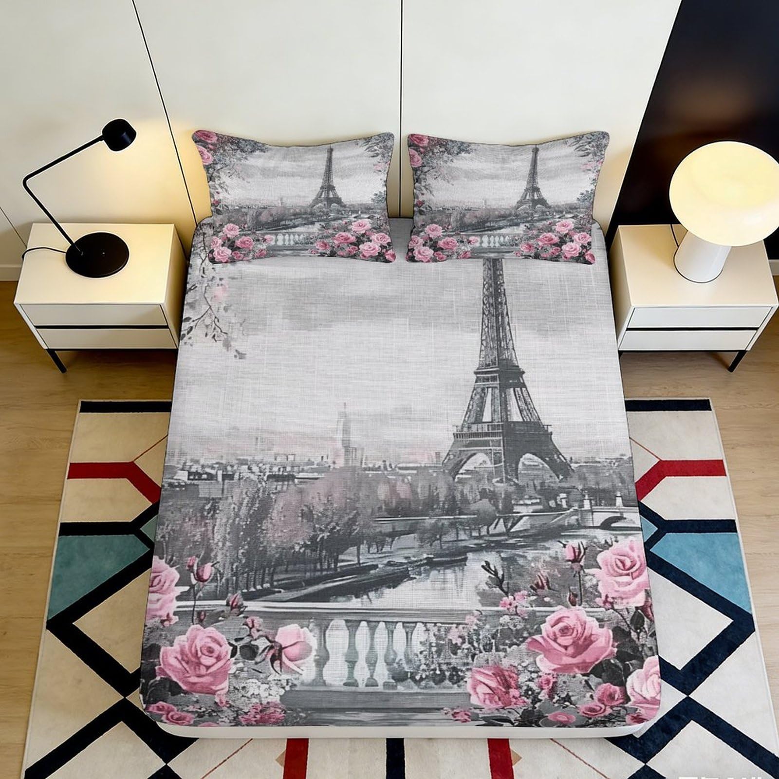 Uynsixtme Style-7 3D Printed Paris Floral Fitted Sheet Microfiber Deep Pocket Non-Slip Bedroom Bedding Paris Mattress Fitted Cover Washable 90X200x25cm