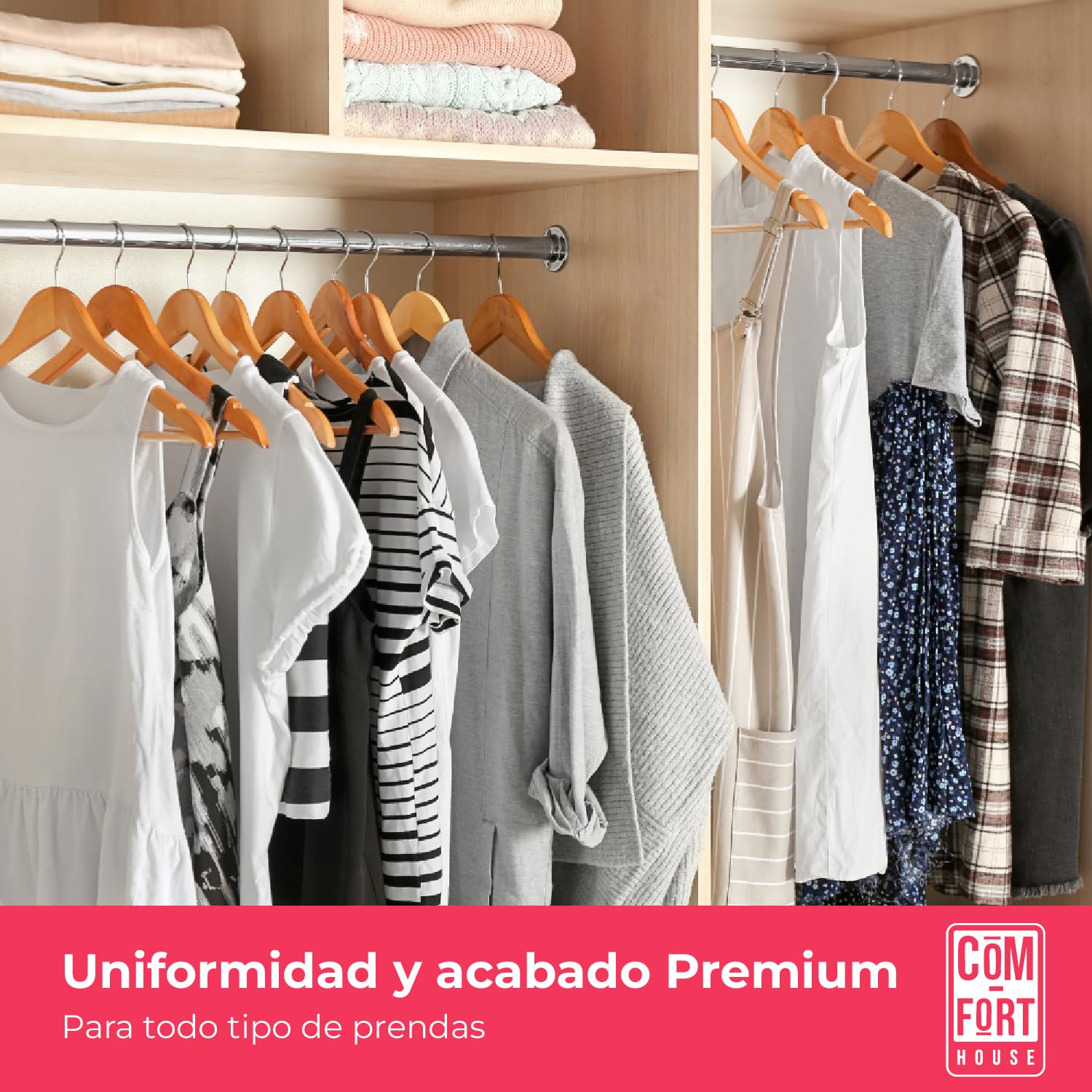 COM-FORT HOUSE – Pack 40 Perchas de Madera Natural Premium con Gancho Giratorio 360° – Resistentes y Elegantes para Armario y Vestidor – Uniformes y Duraderas