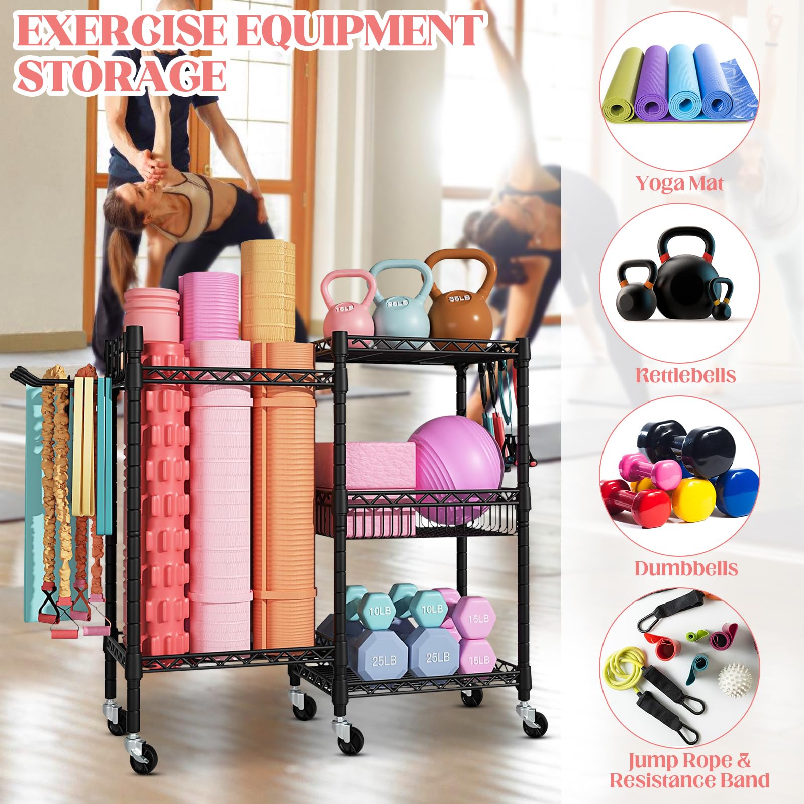 Rastrelliera per Manubri a 3 Livelli con Ruote Bloccabili e Ganci – Scaffale Palestra in Acciaio al Carbonio per Manubri, Tappetini Yoga e Bande di Resistenza, 91,5×30×82,5 cm, Portata 120 KG