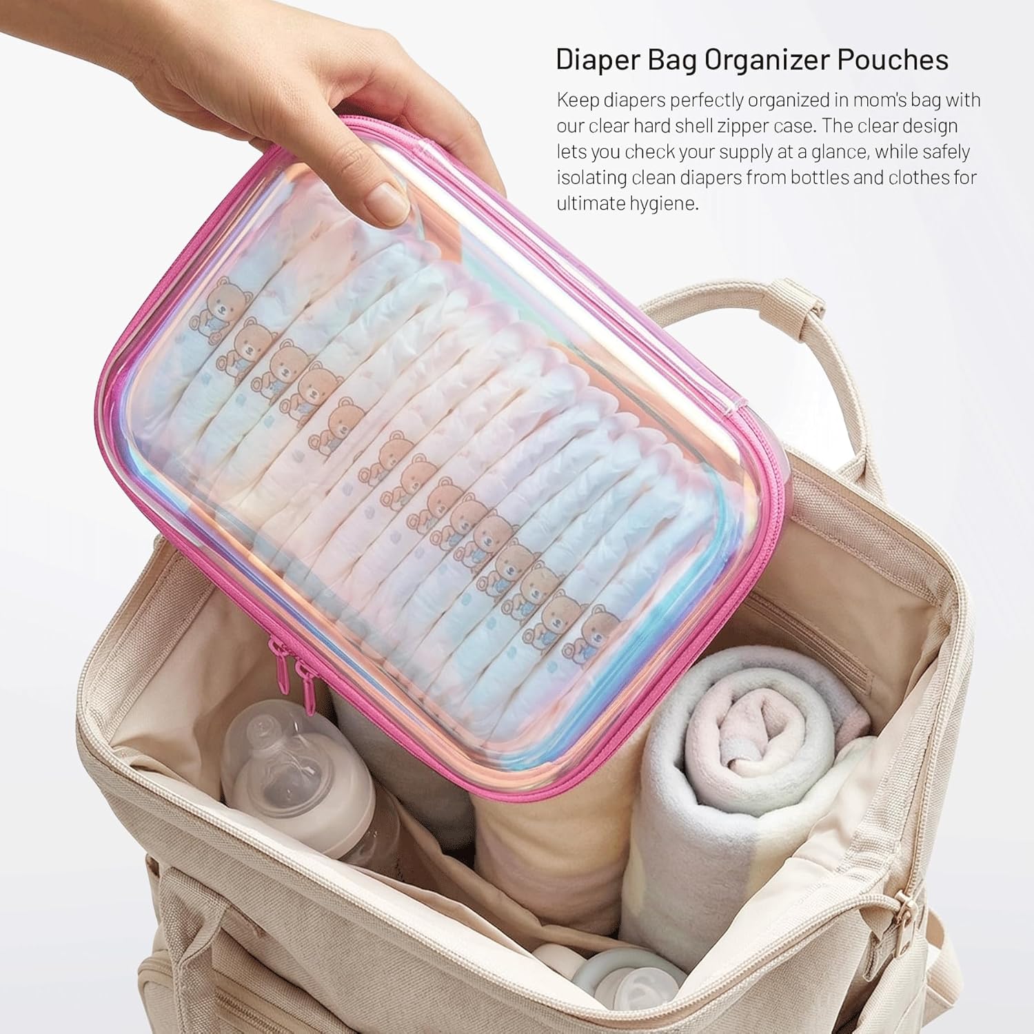 Clear Hard Shell Zipper Case,Makeup Bag,Iridescent Toiletry Bag,2pcs Large Capacity Water-resistant Toiletries Bag,Portable Travel Organizer and Storage,Bathroom Clear Cosmetic Case for Women