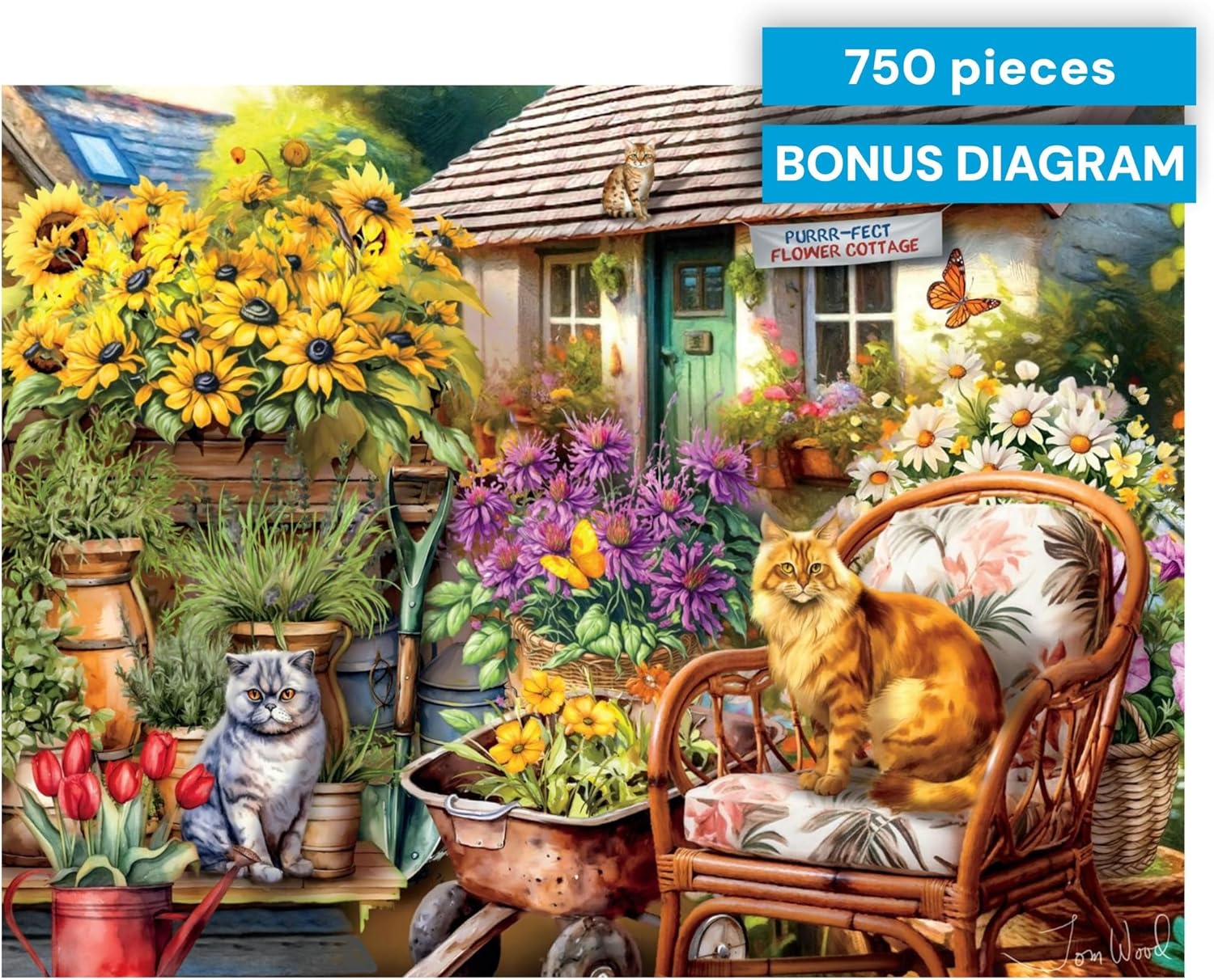 Buffalo Games – Tom Wood Country Cats 750 Piece Jigsaw Puzzle for Adults, Cozy Garden Cat Scene, Made in USA