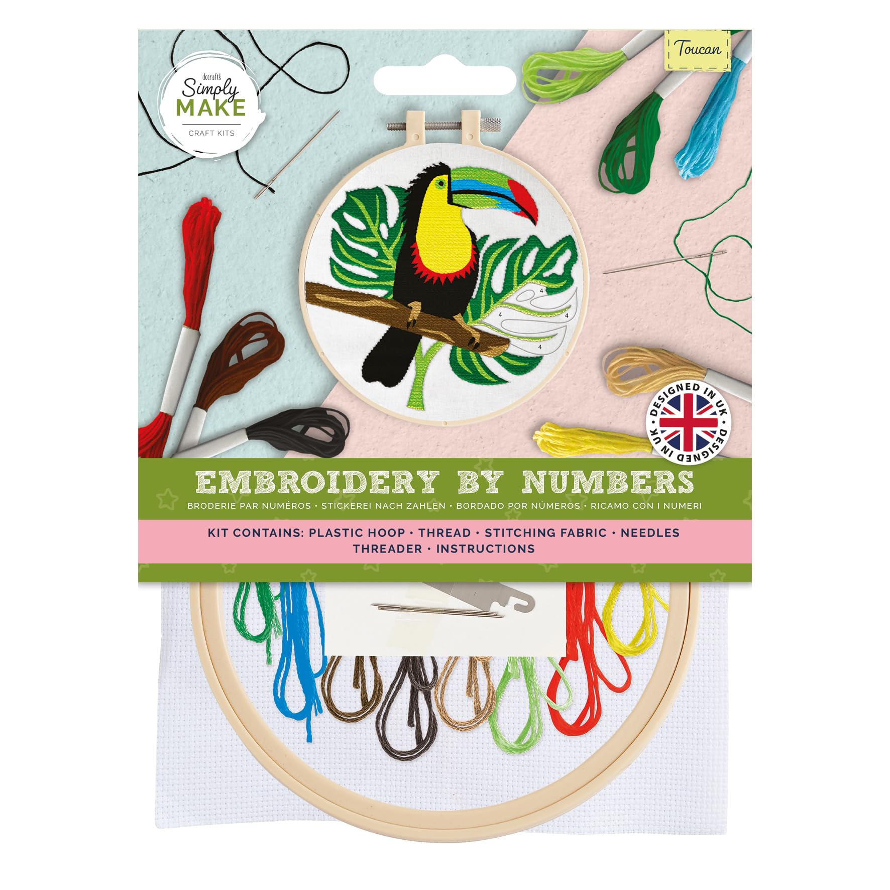 Simply Make Toucan Embroidery By Numbers Kit, Multicoloured, Single Craft Kit, Stitch And Sewing Kit That Includes Embroidery Threads, Craft Kits For Adults Uk, Embroidery Kit With Embroidery Hoop