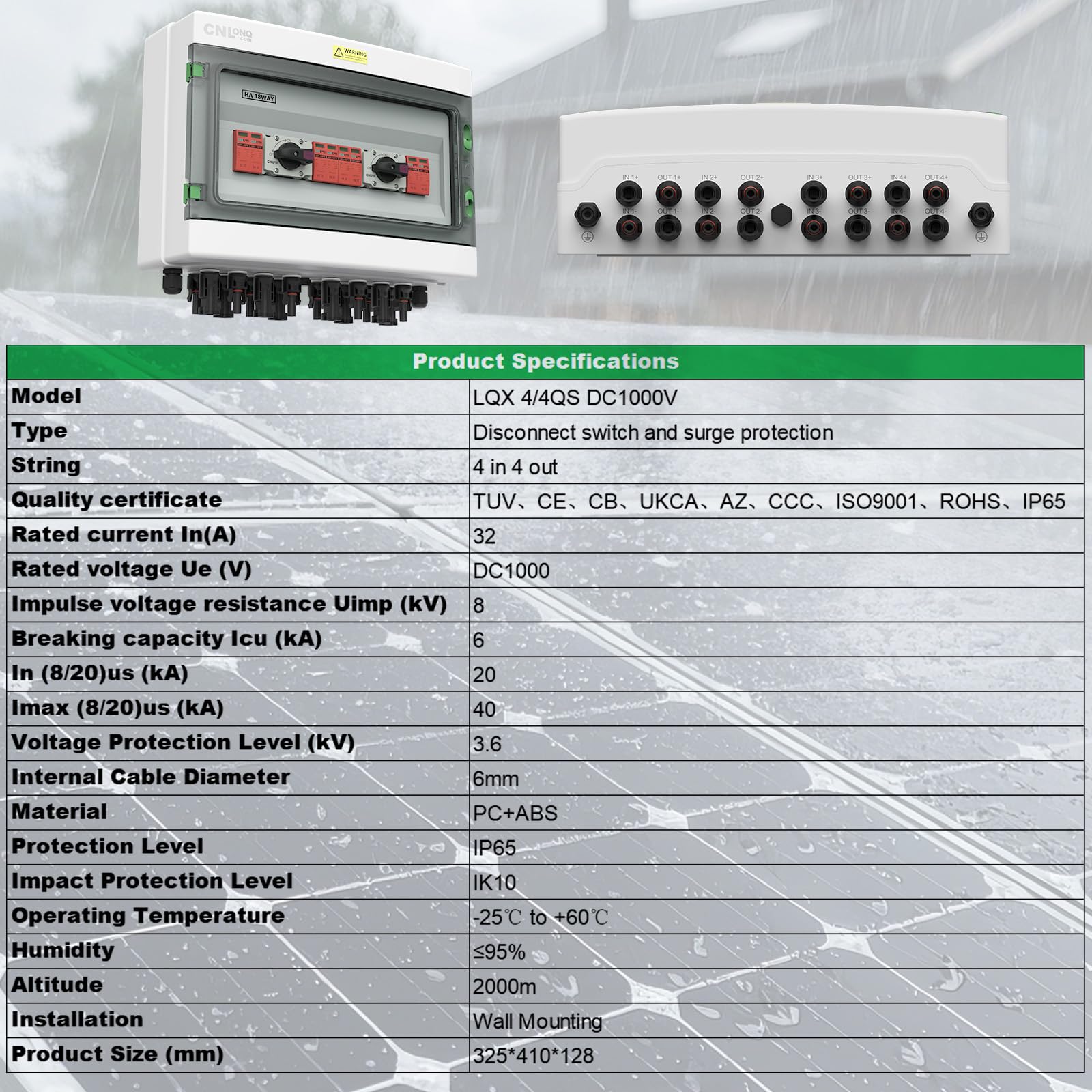 Protezione da Sovratensione Solare PV DC1000V 32A Sezionatore Solare 4 ingressi 4 uscite e Scaricatore di Sovratensione con Scatola di Giunzione Impermeabile IP65 per Pannelli Fotovoltaici