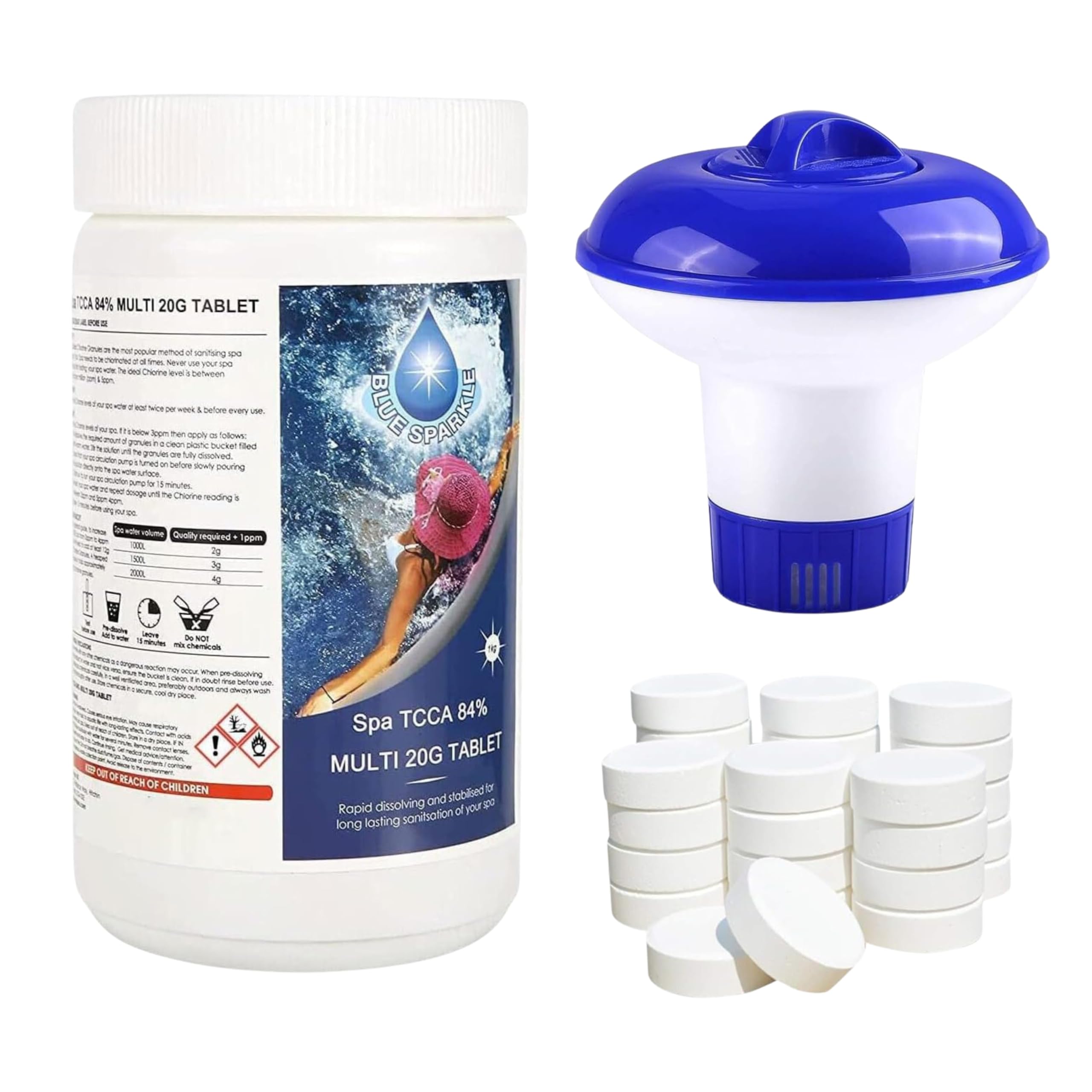 1 Kg Multifunction Chlorine Tablets 4 in 1 Slow Release with Floating Dispenser, 50 x 20g Cleaning Tablets for Hot Tubs, Swimming Pools and Spas, Water Sanitising Pool Chemicals and Accessories