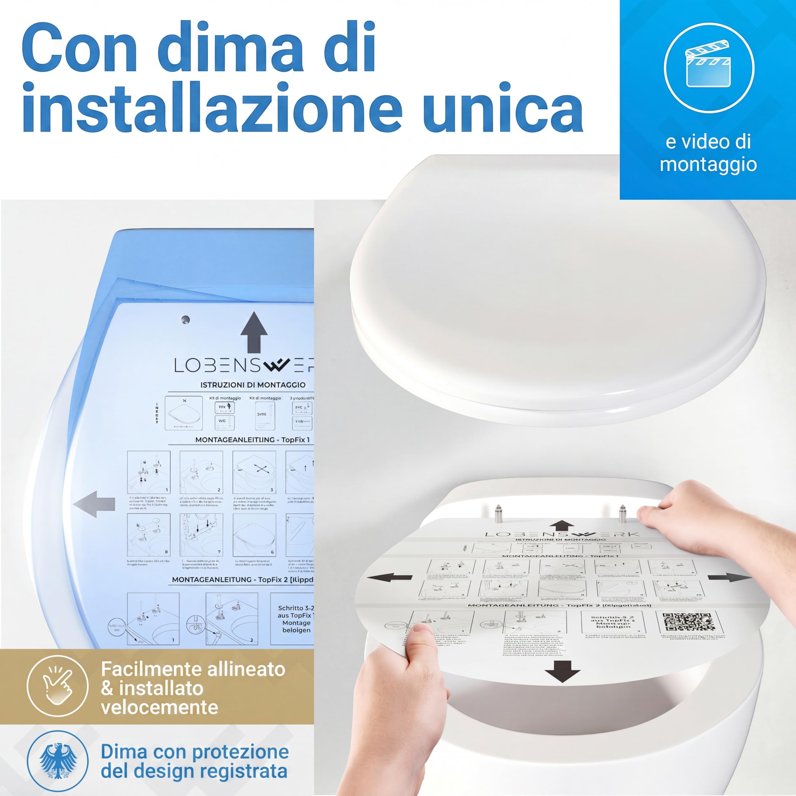 LOBENSWERK Tavoletta WC [Montaggio Facile] antibatterica e resistente UV | Funzione Quick Release | Copriwater Universale, Sedile WC, Copriwater, Asse WC con Dima di Installazione