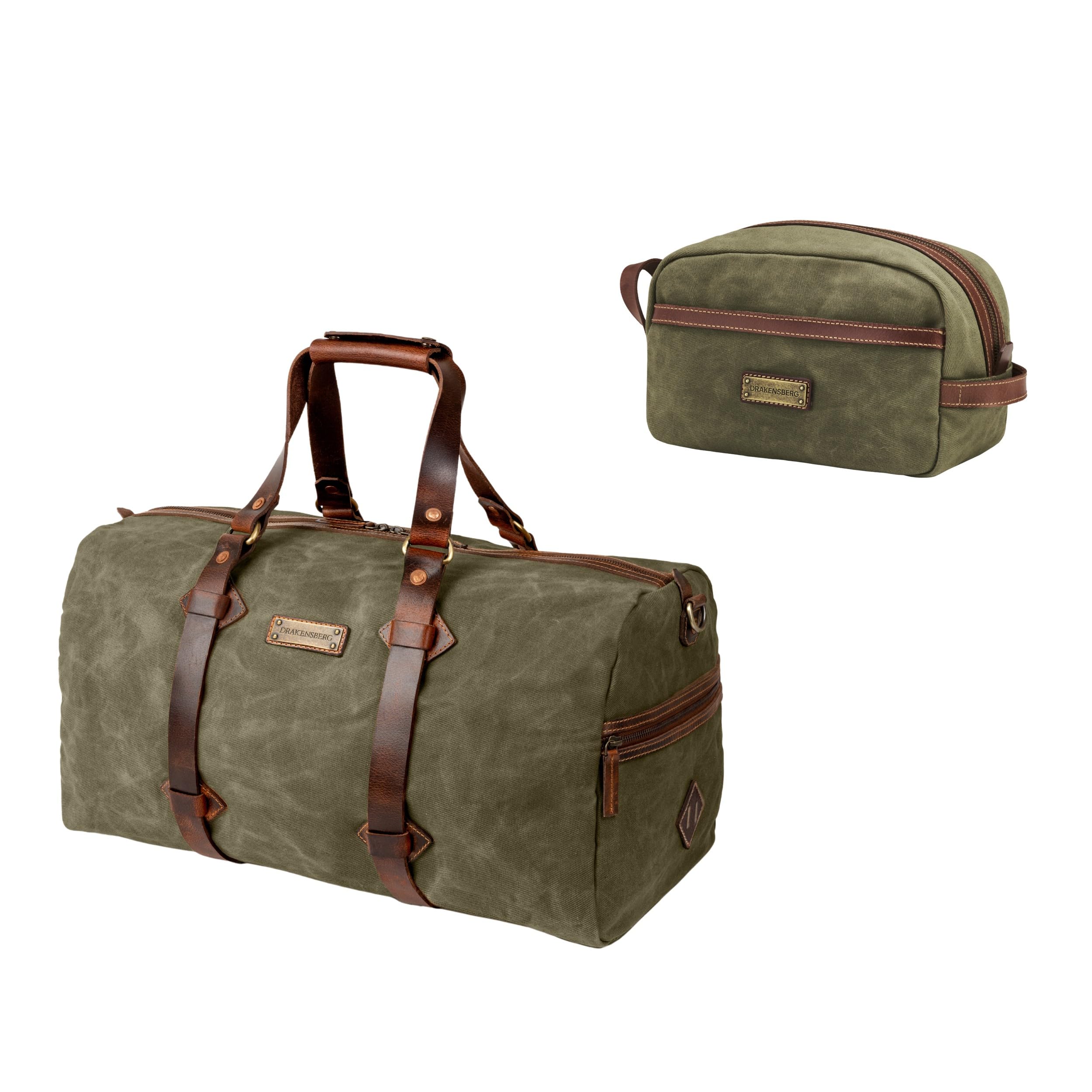 DRAKENSBERG Zestaw/2 woskowe płótno Weekender Cody & kosmetyczka Liam, Zielony las, Handgepäck 20 Zoll, Zabytkowe | 50 l, skóra bawola, męska, wodoodporna, wytrzymała, ręcznie wykonana, Heritage