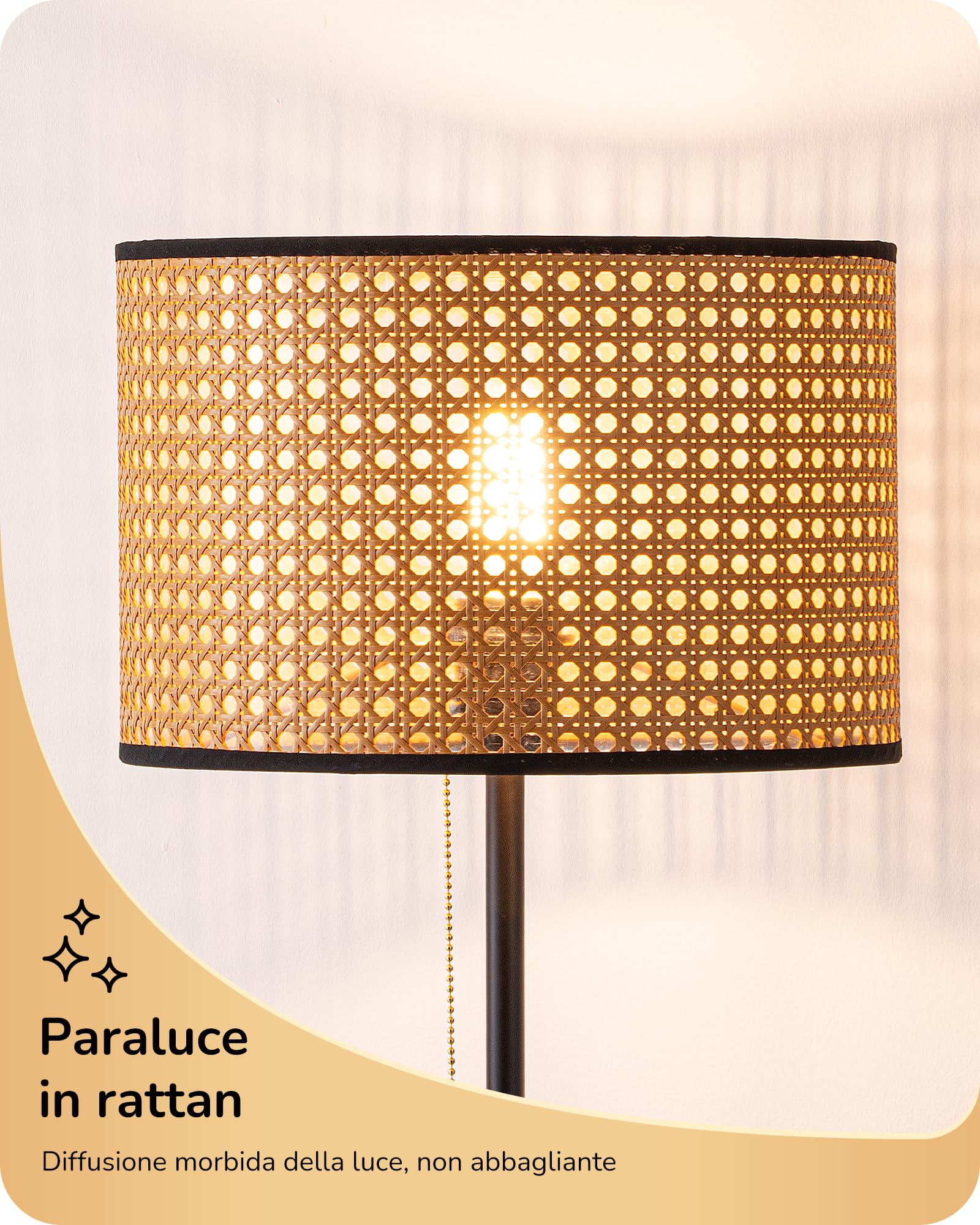 EDISHINE Lampada da Terra Boho Soggiorno, Paralume in Rattan, Nero | Lampada da Terra Angolare Moderna, Interruttore a Catenella, E27, LED Inclusa, Bianco Caldo 2700 K, Camera, Corridoio, 160 cm