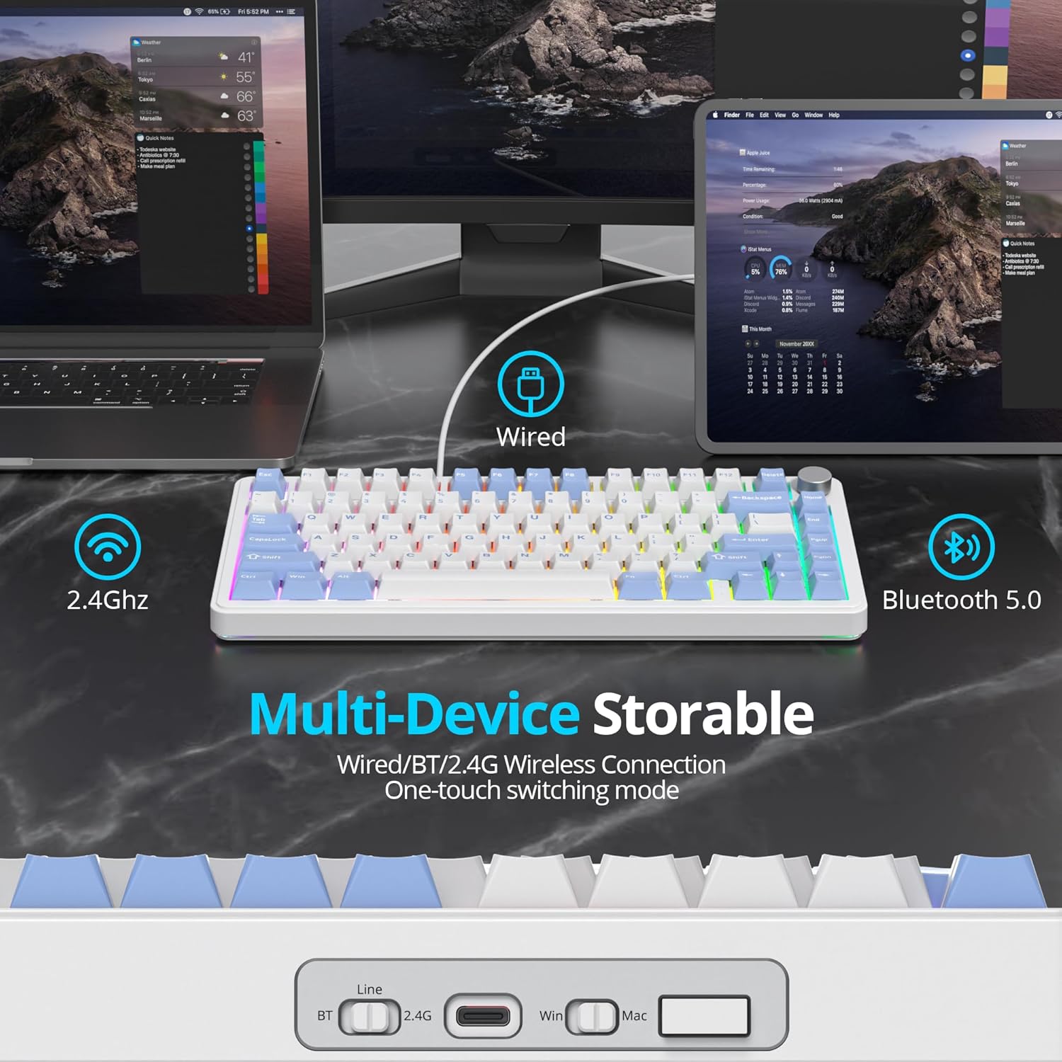 Fogruaden M75 Wireless Creamy 75% Mechanical Gaming Keyboard, Hot Swappable Custom, RGB Backlit, Gasket, Pre-lubed Linear White Switches, Bluetooth/2.4GHz/USB-C, Five-Layer Pad&Knob