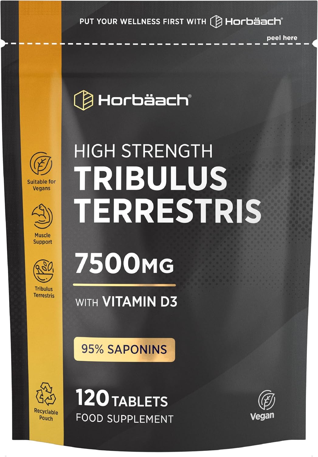 Tribulus Terrestris Extract 7500mg | 120 Vegan Tablets for Men and Women | High Strength 95% Saponins | with Vitamin D3 | by Horbaach