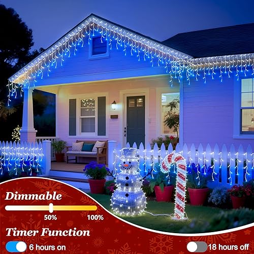 Miniatura 4 de 810 luces LED de Navidad para interiores y exteriores, 82 pies, tira de luces azules y blancas con 180 gotas, 12 modos de luces de cortina
