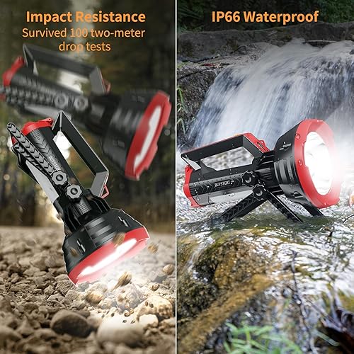 Miniatura 4 de BUYSIGHT Linterna de foco recargable, 1000,000 lúmenes, rango de 600 yardas, IP65, impermeable, reflector grande de mano con lente roja, luz de