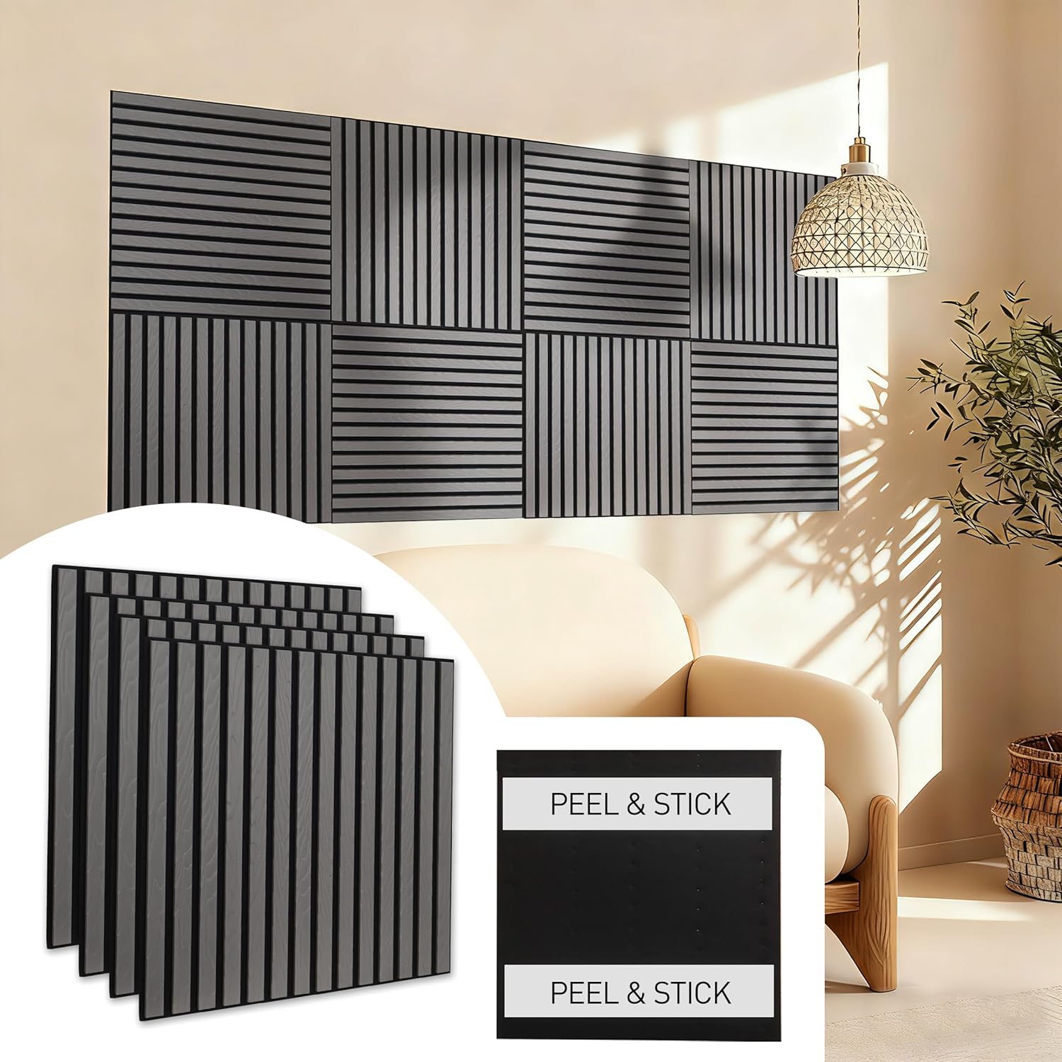 Peel & Stick Acoustic Wood Slat Wall Panels – 23” × 23” 3D Wood-Grain Soundproof Panels, 4 Pack – Waterproof Decorative Noise-Reducing Wall Panels for Home Office & Studio (Graphite Gray)