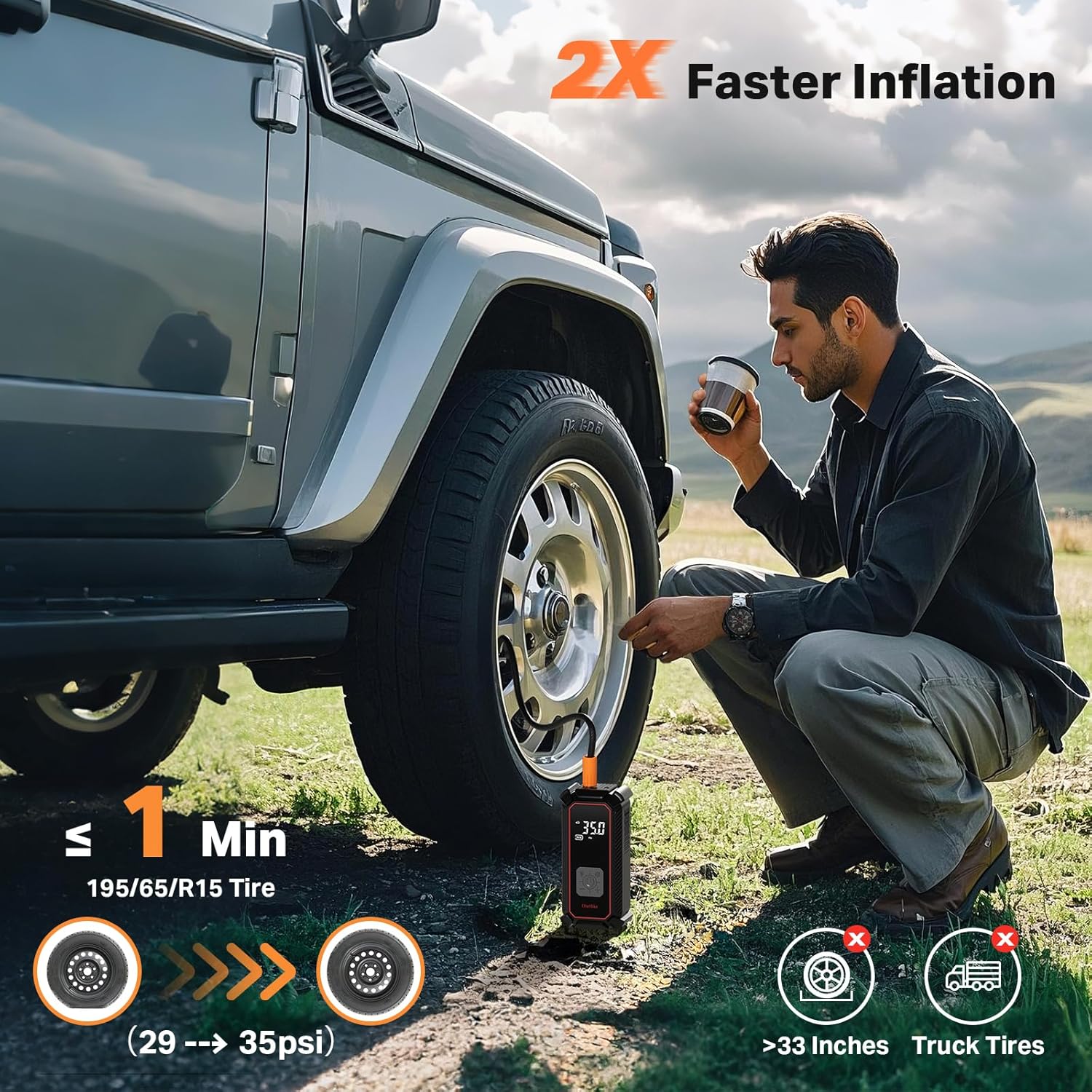 Man inflating a car tire with the OlarHike portable air compressor, demonstrating fast inflation.