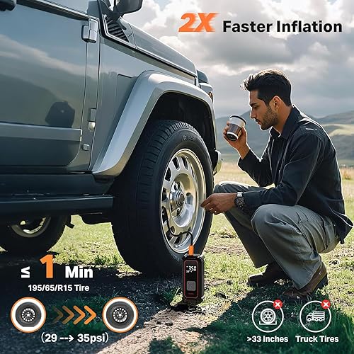 Miniatura 2 de OlarHike Inflador de neumáticos, compresor de aire portátil, alimentado por batería de 9000 mAh, modo dual de 150 PSI, bomba de aire automática para