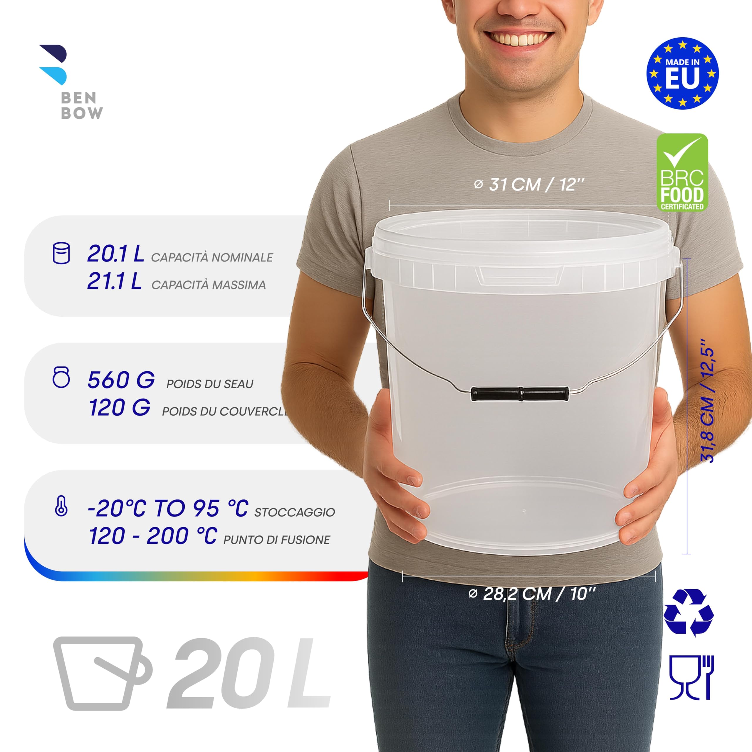 BenBow Secchio con coperchio 20l trasparente 100x 20 litri - sicuro per gli alimenti, stabile, ermetico, a prova di perdite - contenitore per la conservazione in plastica, con manico in metallo -vuoto