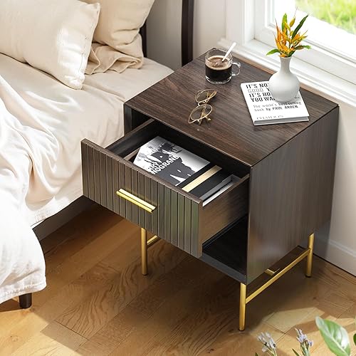 Miniatura 5 de Mesita de noche con cajón, mesa auxiliar de 2 niveles, mesa auxiliar de madera con patas ajustables y patas de metal estables, gabinete moderno de