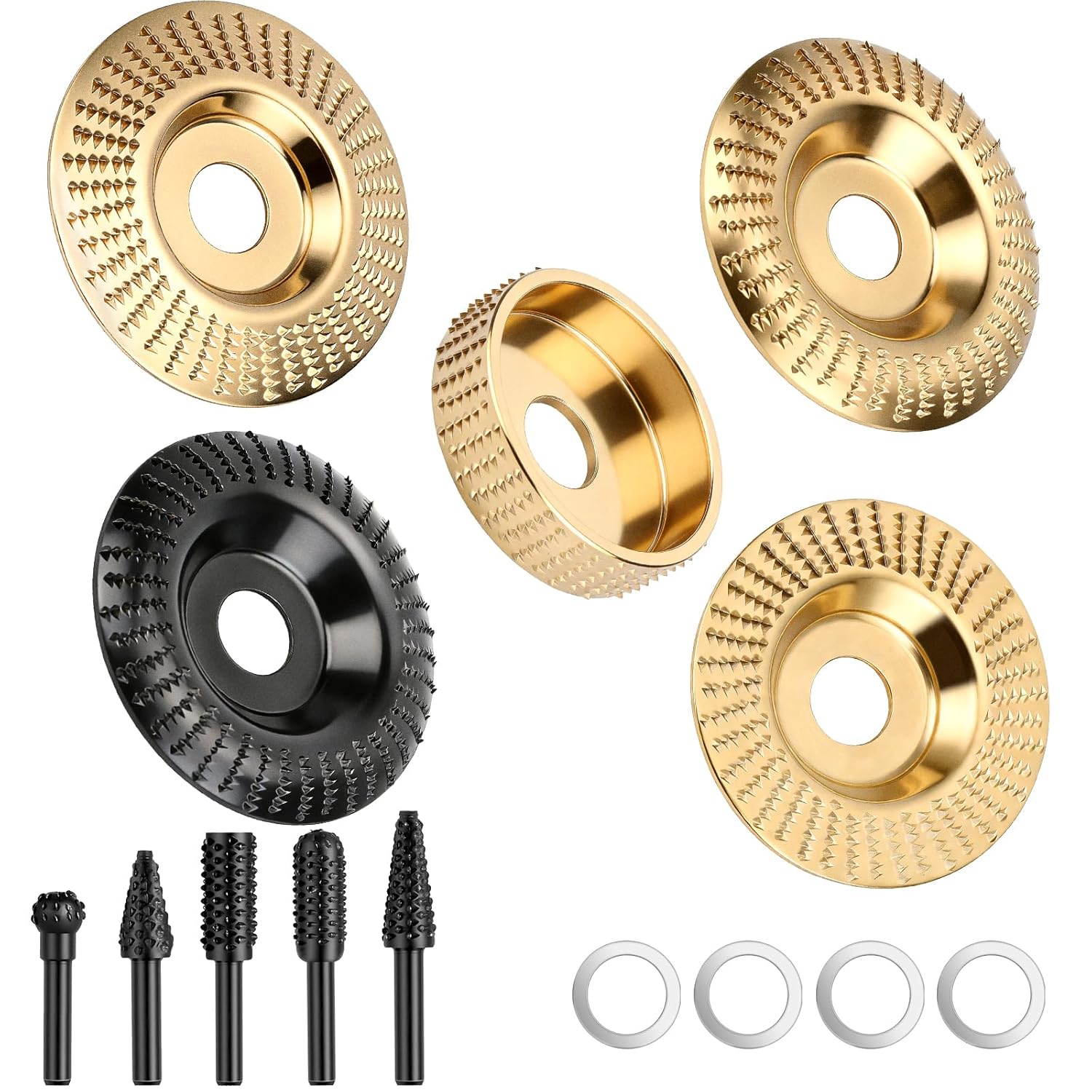 14 PCS Angle Grinder Wood Carving Disc Set, Carbon Steel Wood Grinding Wheel with 5/8" 7/8" Arbor, 5 PCS Woodworking Grinder Disc with 5 PCS Rotary Burr Rasp Set, 4 PCS Reducing Rings