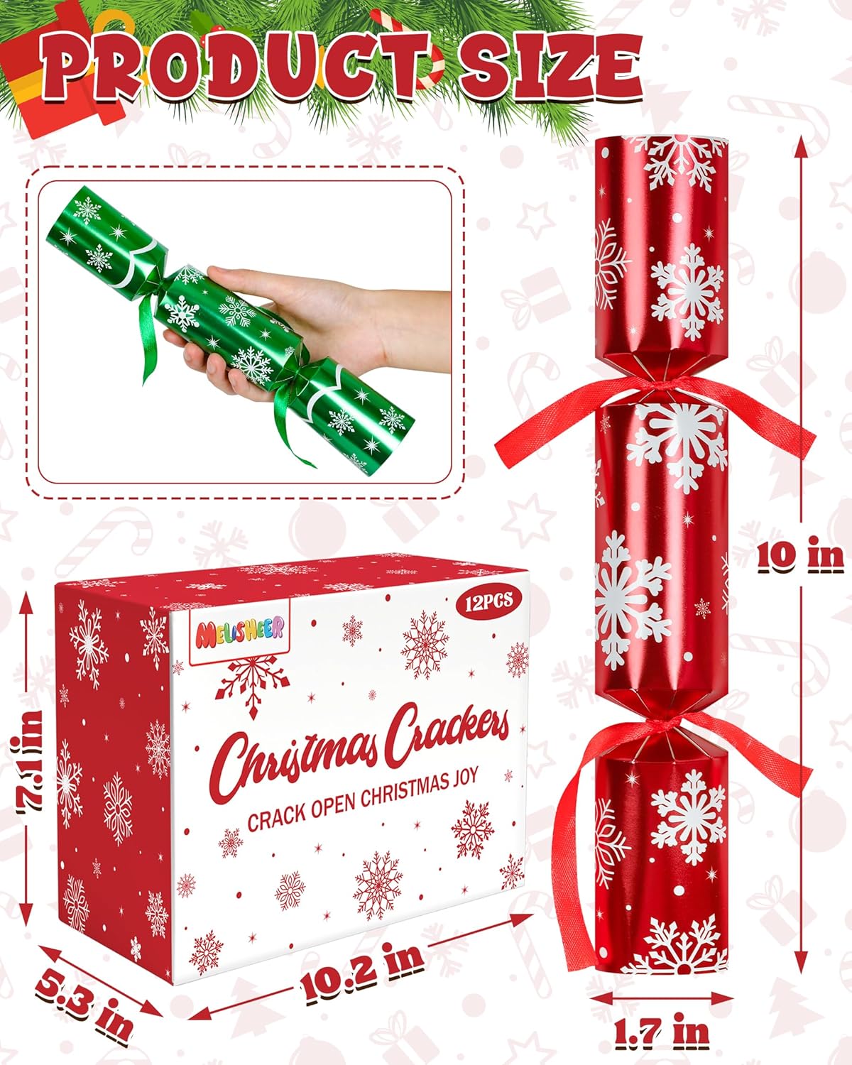 Melisheer Christmas Crackers, 12 Pack No Snap Christmas Party Favors with Snowflake Design, Xmas Poppers with Crown and Joke, Perfect for Christmas Gifts Xmas Table Holiday Party Supplies