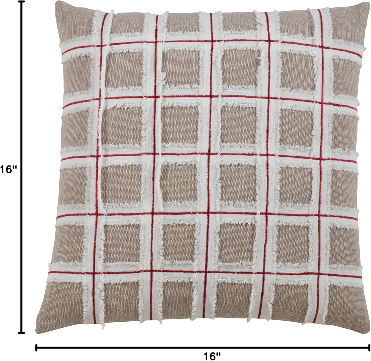 SARO LIFESTYLE Réjouir Collection Frayed Window Pane Throw Down Filled Pillow, 16", Natural