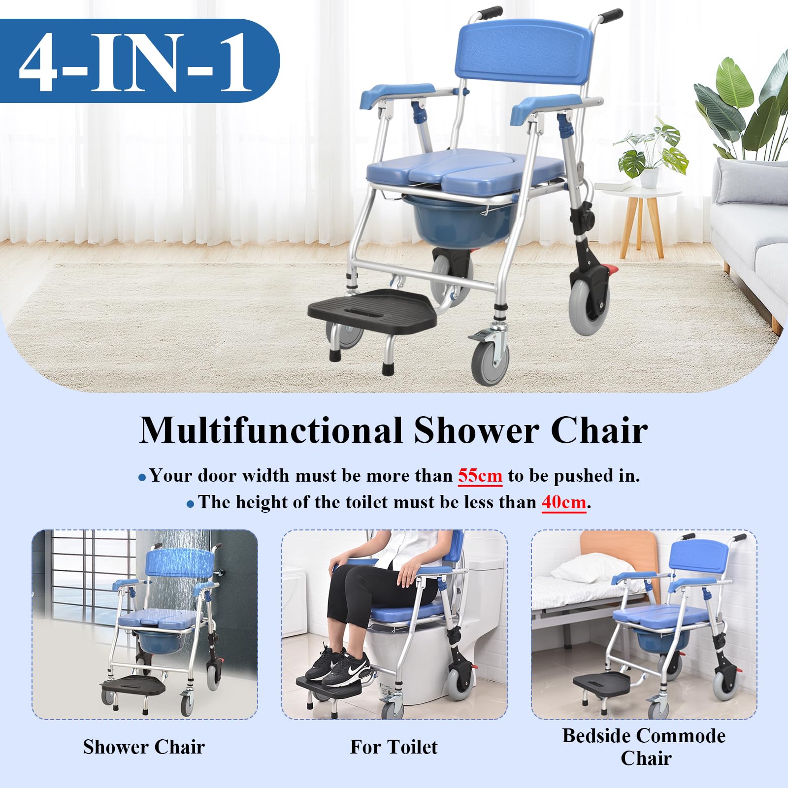 Sedia Comoda Pieghevole WC per Anziani con Rotelle, Sicura Sedia a Rotelle per Anziani con WC, Blu Sedia per Doccia Anziani Disabili Pieghevole con Morbido Cuscino