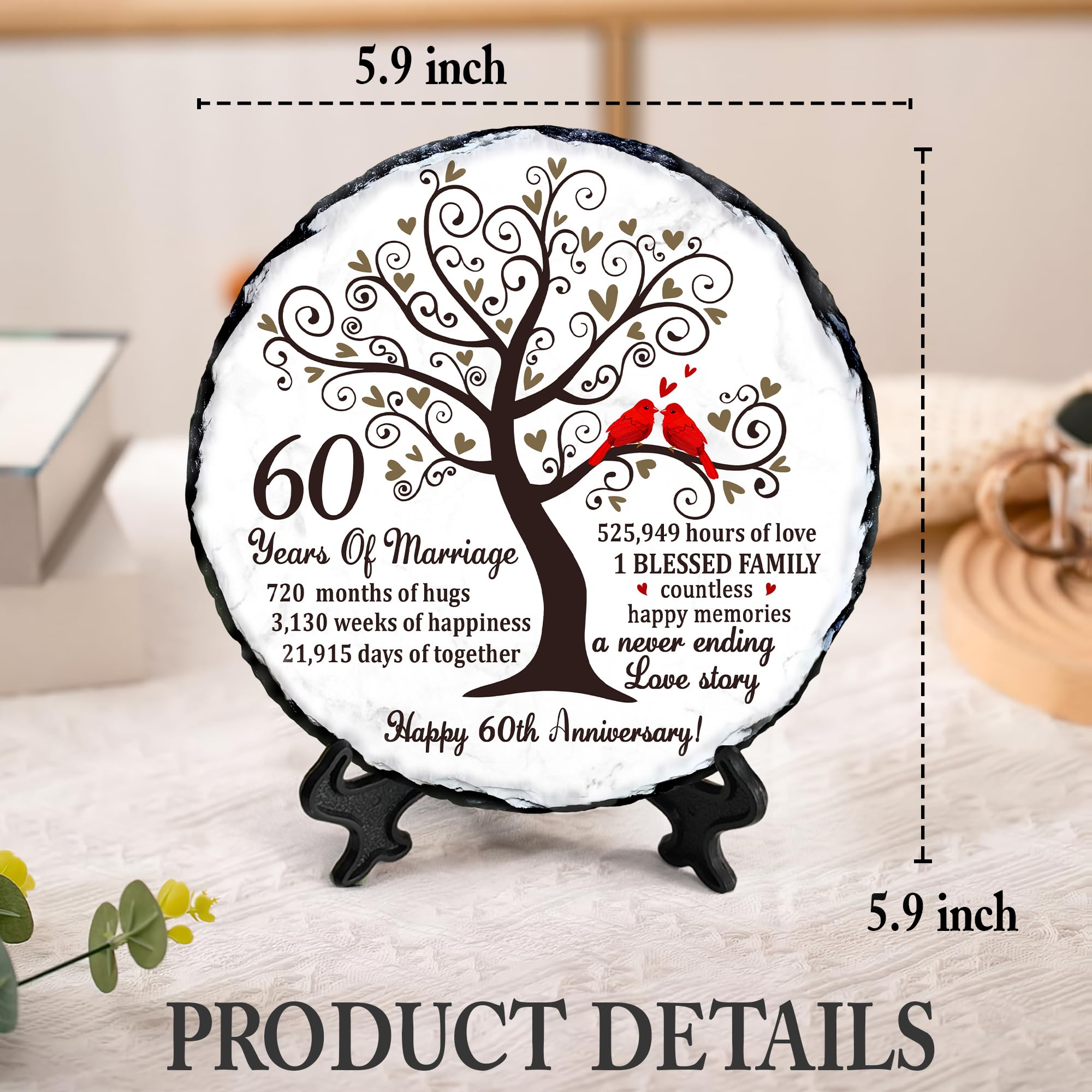 60th Diamond Wedding Anniversary Slate - 60th Wedding Gifts for Parents Grandparents - 60th Anniversary Decorations Gift Ideas - 60 Years of Marriage Plaque, 5.9 inches Plate Keepsake
