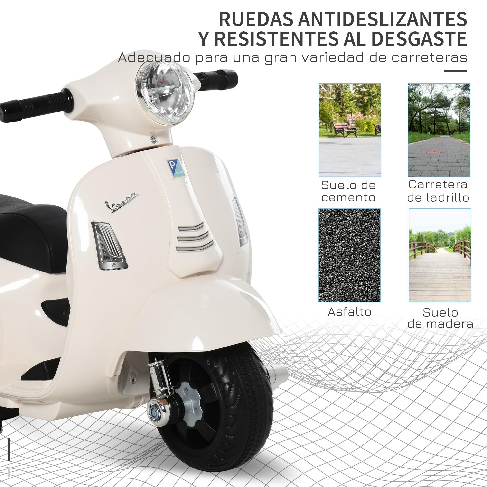 HOMCOM Moto Eléctrica Vespa para Niños de 18-36 Meses Moto de Batería 6V con Faro Bocina y 4 Ruedas Motocicleta Infantil con Licencia 66,5x38x52 cm Blanco — view 5