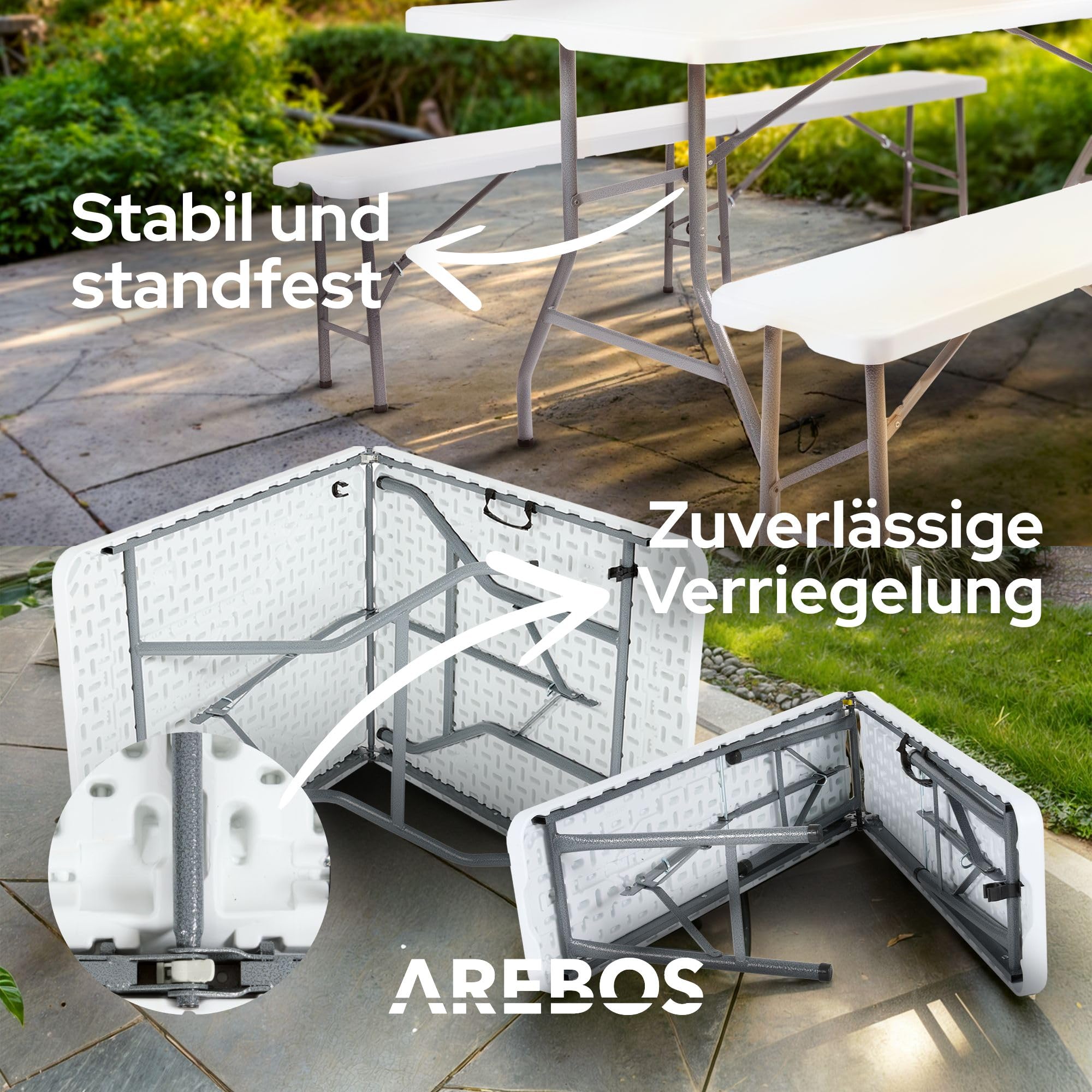 Arebos Bierzeltgarnitur 3-teilig Set Tisch + 2 x Bank | Festzeltgarnitur für drinnen - draußen | Biertisch Set | Zusammenklappbar & mit Tragegriff Campingtisch | Weiß