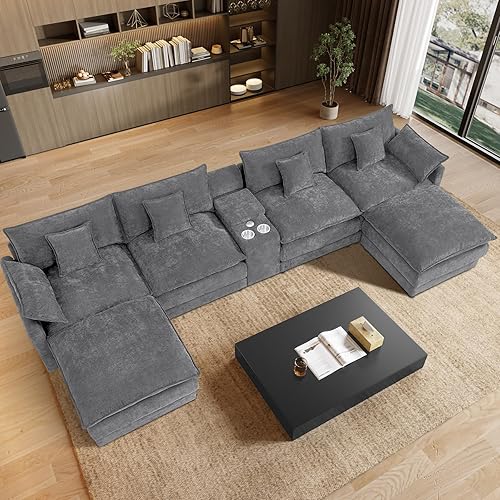145" U Shaped Cloud Couch Sectionals Comfy Grey Sectional Couches for Living Room Modern Fluffy Oversized Modular Sofas, Chenille Large Big 6 Seat Sofa Set USB Port Central Console Ottoman
