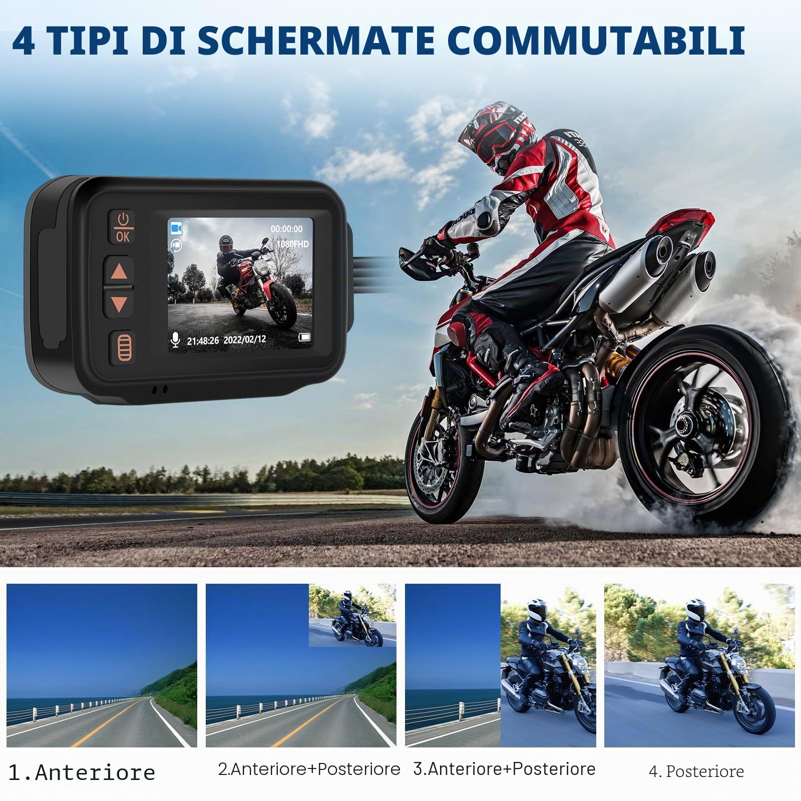 【NOVITÀ 2026】 CAMECHO Dashcam 1080P per moto con telecamera anteriore + posteriore, schermo IPS da 2 pollici Dashcam con IP65, rilevamento del movimento, monitoraggio del parcheggio per tutte le moto