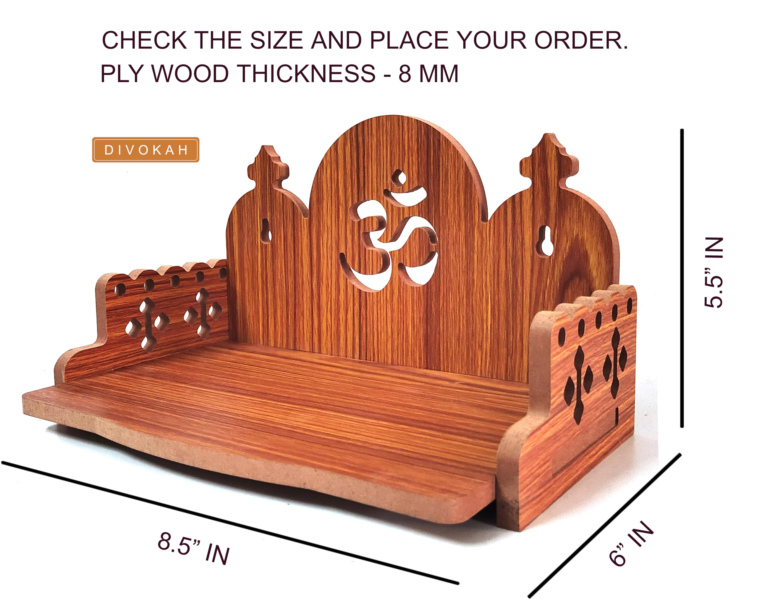 DIVOKAH® Plywood Small Wooden Temple for Home Office and Shop/Wall Hanging Temple/sinhasan/Pooja mandir/Pooja Stand/Hindola (8 MM Plywood Thickness) WDN_3G 1