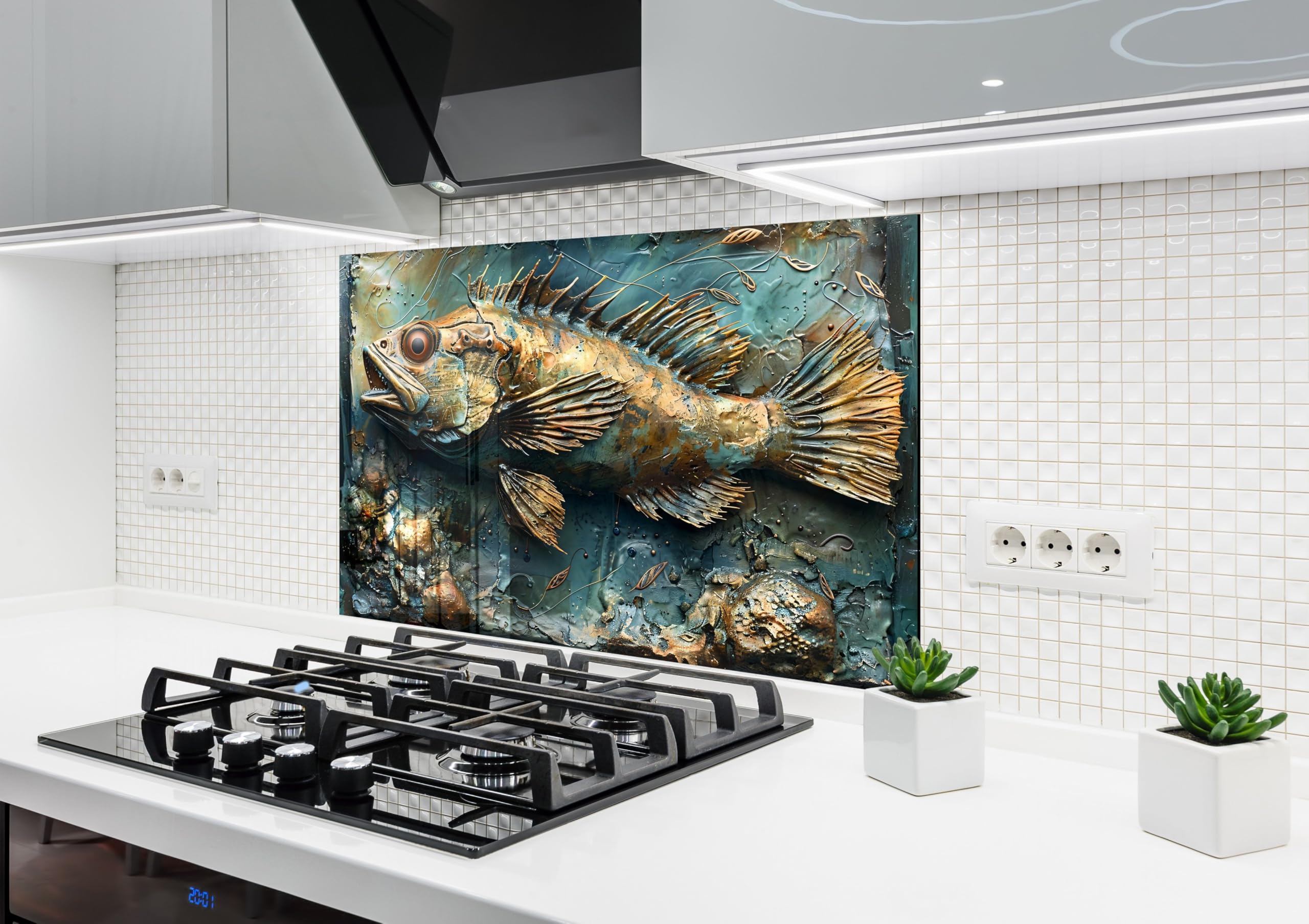 Myphotostation 30Wx20H'' Deep Sea Majesty Bronze Fish Glass Kitchen BacksplashTempered Glass Backsplash, Glass Splashback For Kitchen, Stove Wall Protector, Cooker Wall Panel, Stove Back Cover