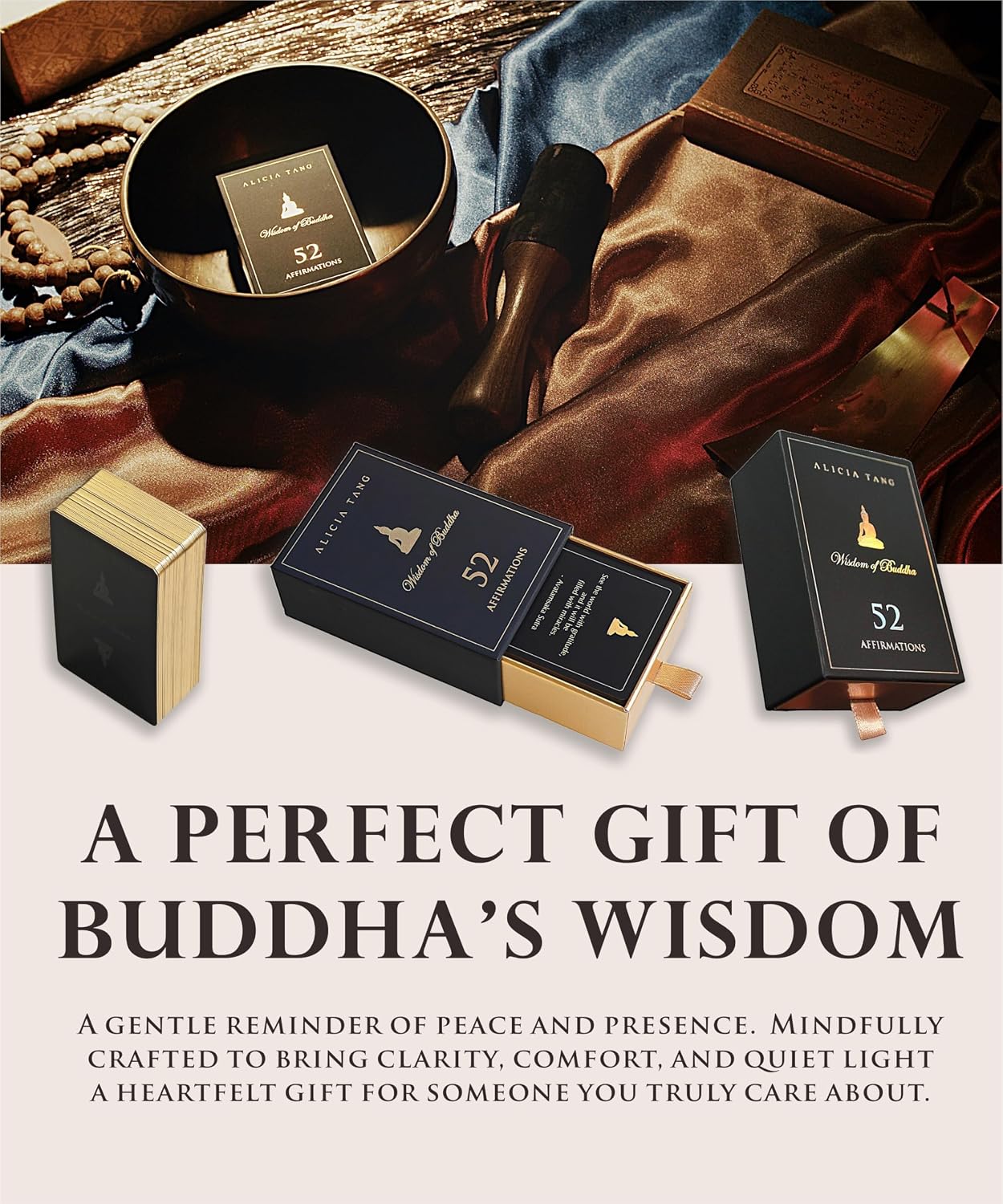 Wisdom of Buddha Oracle Cards | 55 Affirmation Pocket-sized Card Deck for Inner Peace and Clarity, Includes Hand-Illustrated Artwork by Alicia Tang and Sanskrit Mantra Amulet