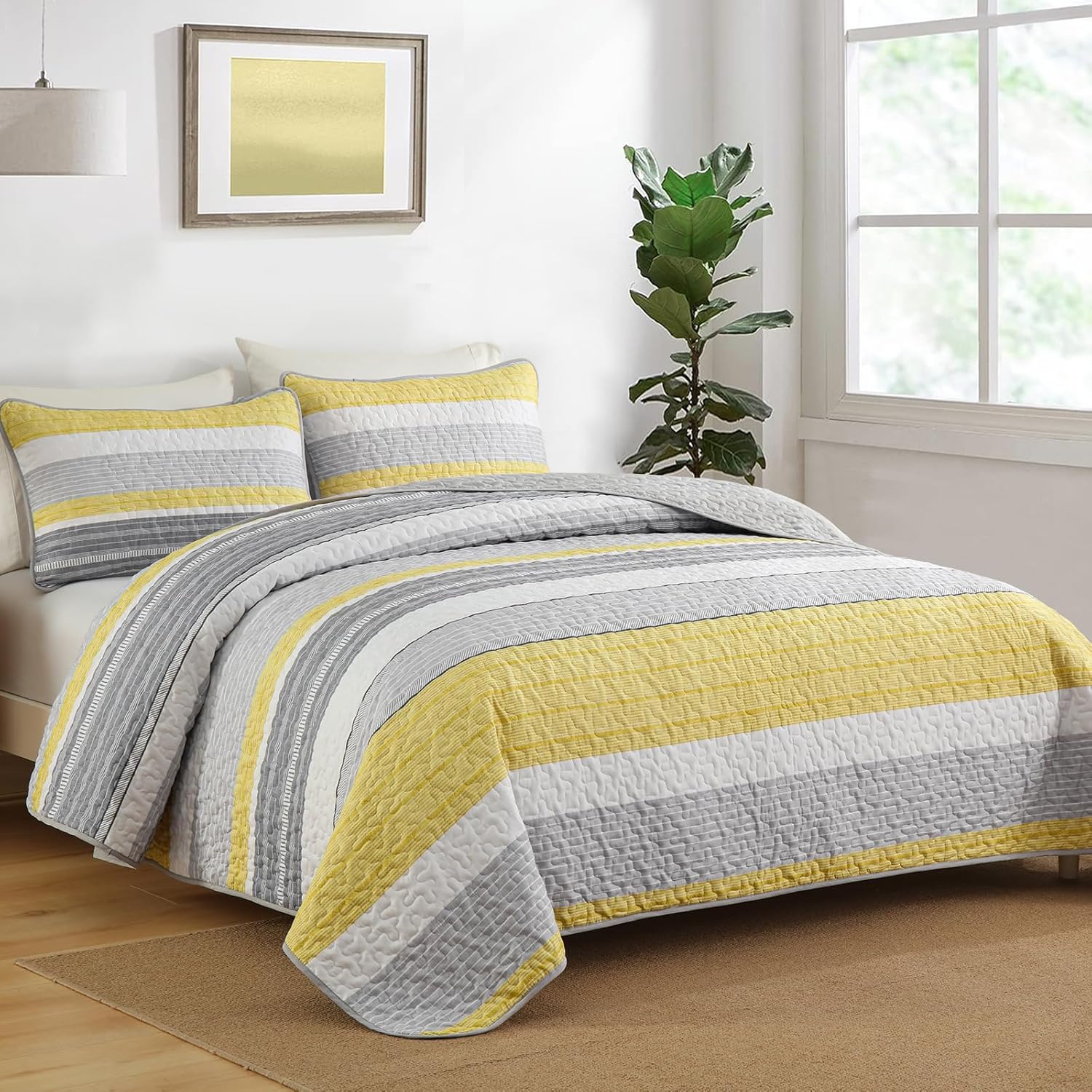 Quilt Set Queen Size, 3 Piece Fall Patchwork Striped Bedding Set, Summer Lightweight Soft Microfiber Bedspreads Coverlets Set with 2 Pillow Shams,Yellow and Grey and White Queen Quilts for All Season - Image 2