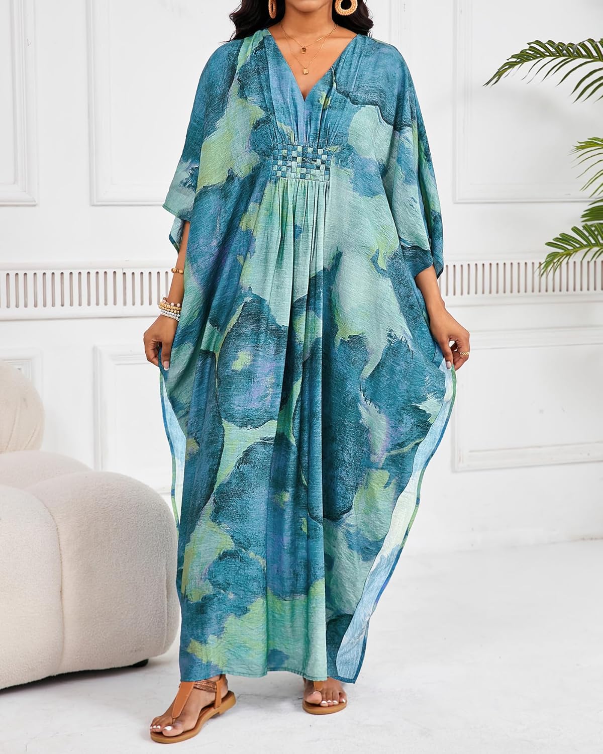 Bsubseach Plus Size Kaftan Dresses for Women V Neck Swimsuit Coverup Floral Print Caftan Maxi Beach Dress - Image 4