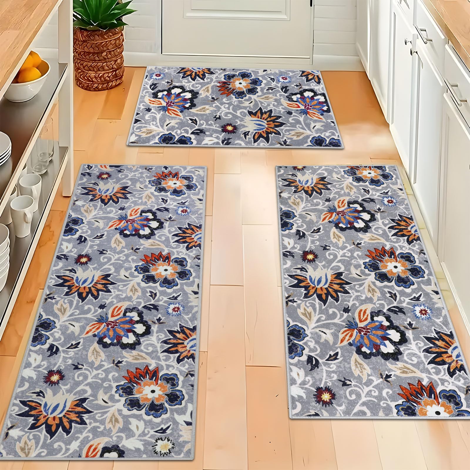 HomcomodaKitchen Rugs Sets 3 Piece with Runner Non Slip Washable Kitchen Mats for Floor 3 Piece Grey Kitchen Rug Sets Boho Carpet Runner for Kitchen Hallway Laundry Room