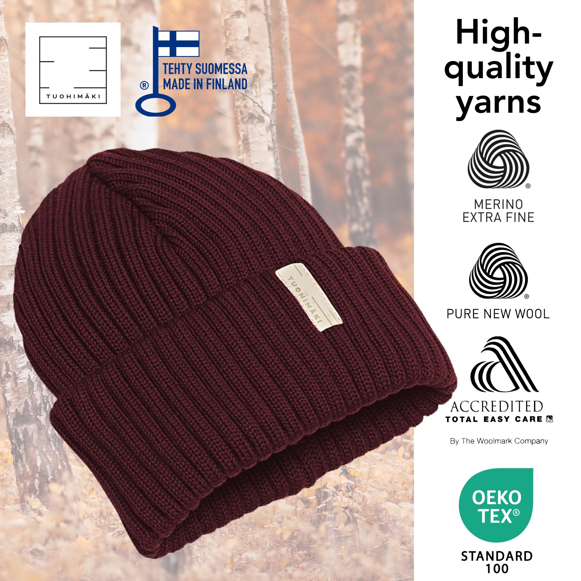 Czapka z 100% wełny merynosowej – Wykonana w Finlandii – Czapka beanie dla mężczyzn i kobiet – Ciepła czapka zimowa dla mężczyzn – Miękka czapka zimowa dla kobiet – Czarna premium czapka