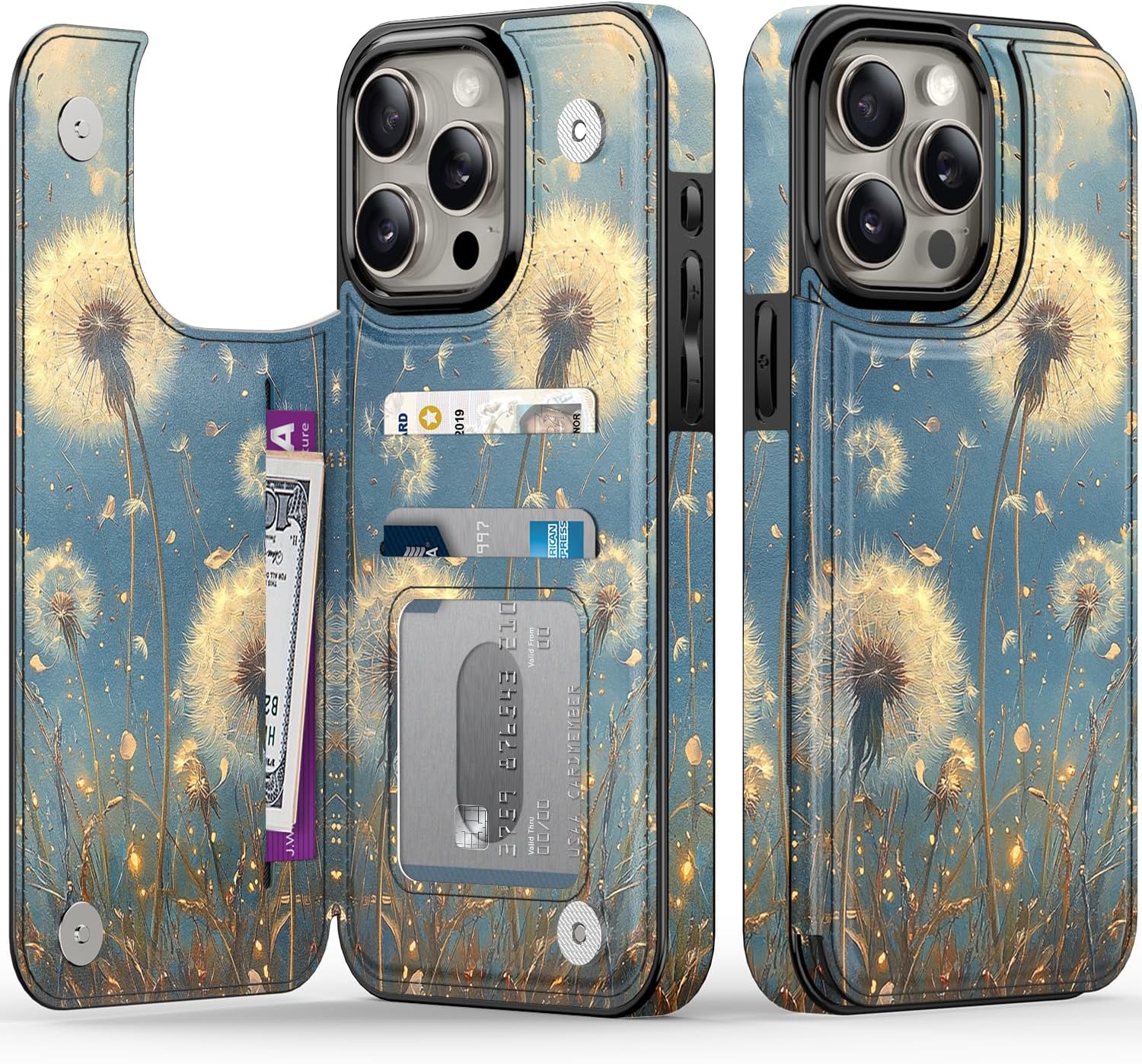 FUNMIKO for iPhone 15 Pro Wallet Case with Card Holder + Cash Clip, RFID-Blocking, Military-Grade Drop Protection & UV-Printed Artwork, Magnetic Closure with Kickstand - Vibrant Flower Portrait
