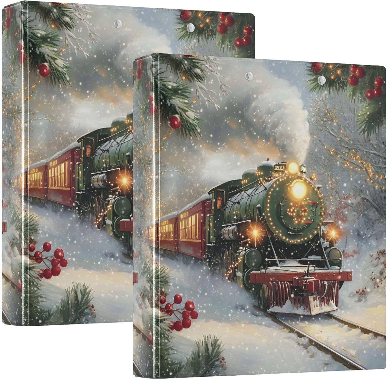 3 Ring Binder Christmas Train Snowflake 1.5 inch Binders Three Ring Binders with Clipboard Fit 8.5'' x 11'' Paper 3 Interior PVC Clear Pockets for Office Supplies