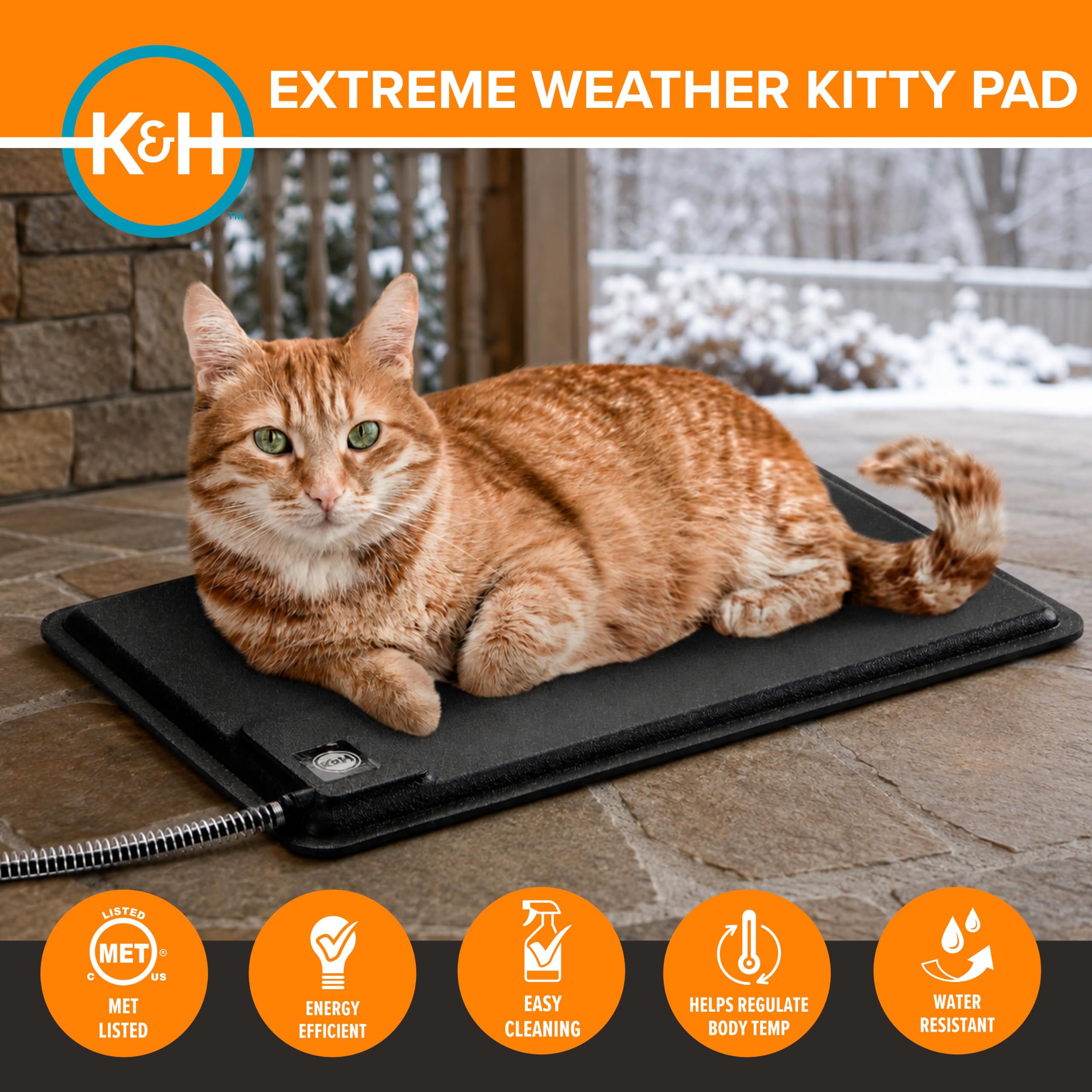 K&H PET PRODUCTS Tappetino riscaldato per gatti per esterni, impermeabile, per gatti selvatici, per esterni e gatti selvatici, tappetino riscaldante per interni ed esterni, nero, piccolo, 31,8 x 47
